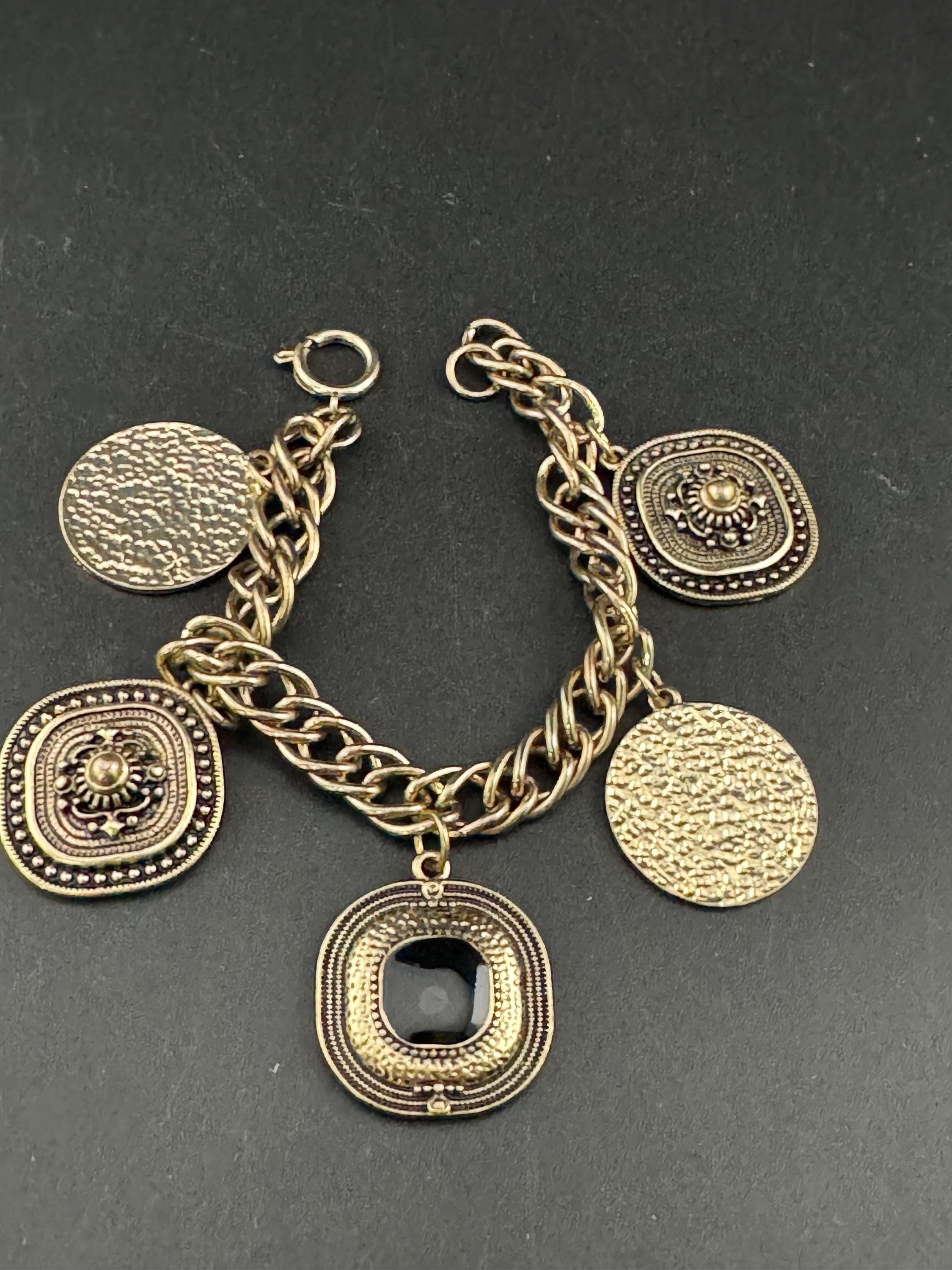 Retro 1990s oversized Gold tone coin disc cabochon dangly charm bracelet 19.5cm