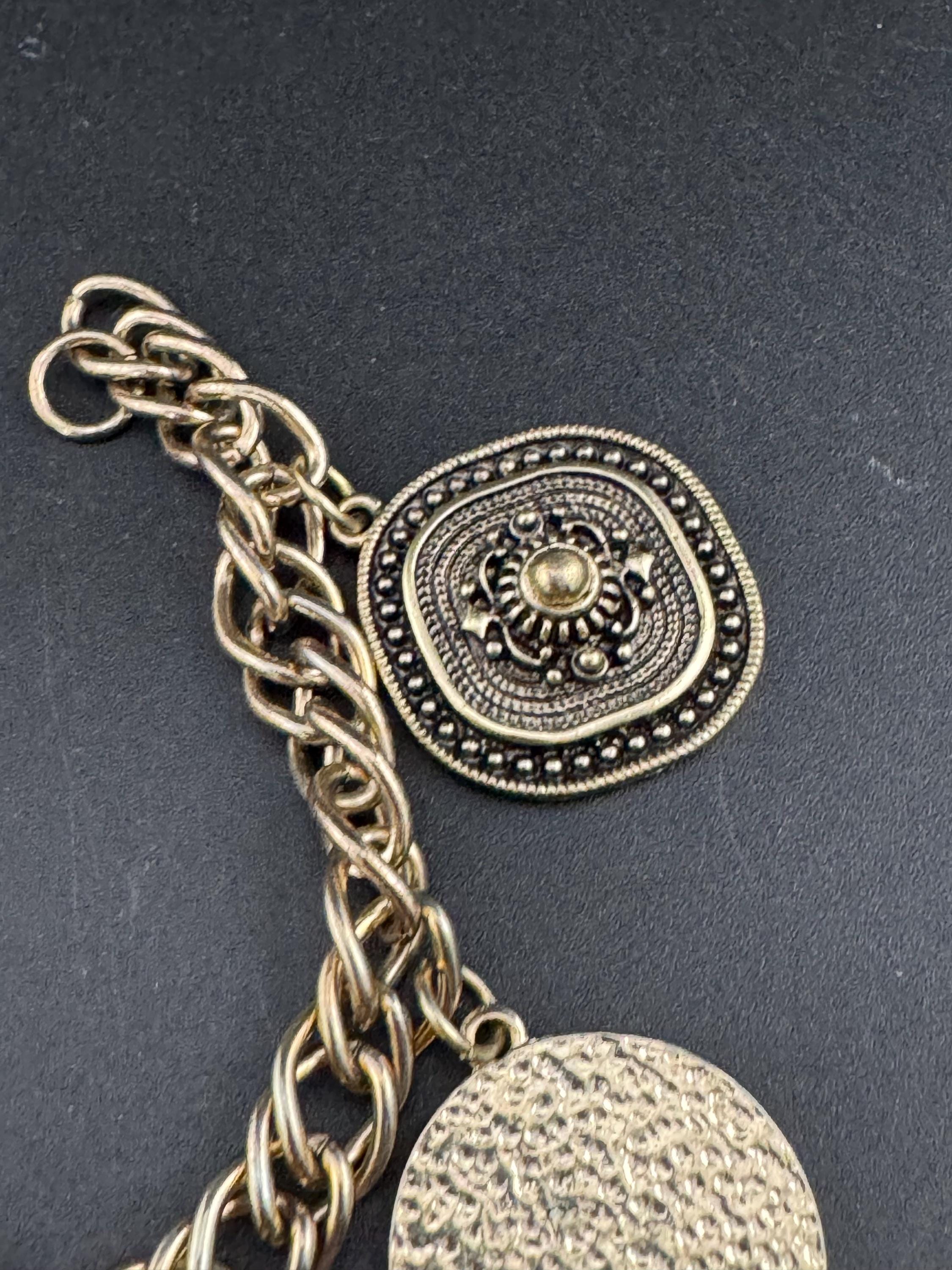 Retro 1990s oversized Gold tone coin disc cabochon dangly charm bracelet 19.5cm