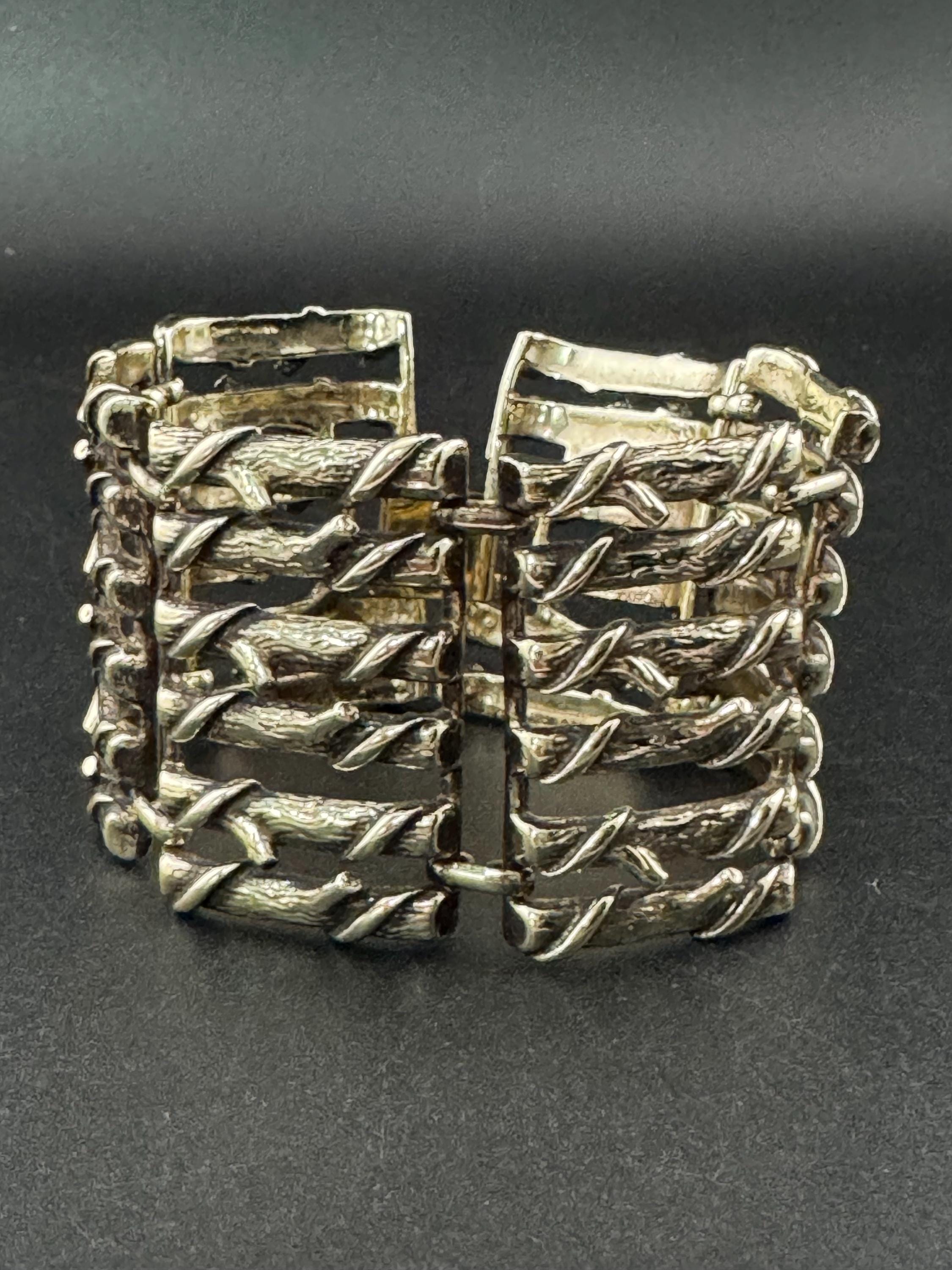 Mid Century Brutalist Bracelet: Wide Antiqued Gold Tone Panel Link