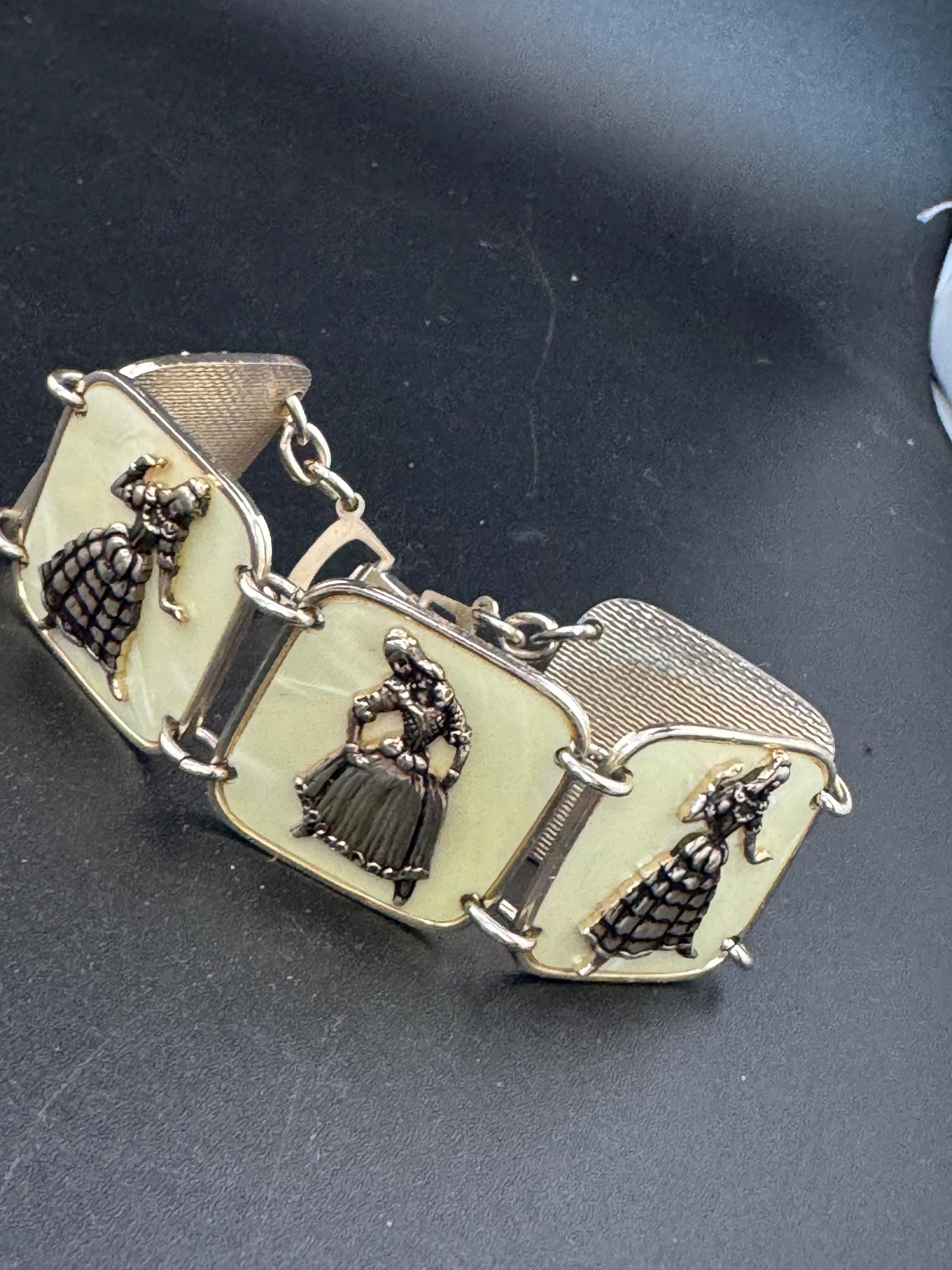 Vintage gold Tone lucite eastern dancing lady panel link bracelet lightweight aluminium Eloxal
