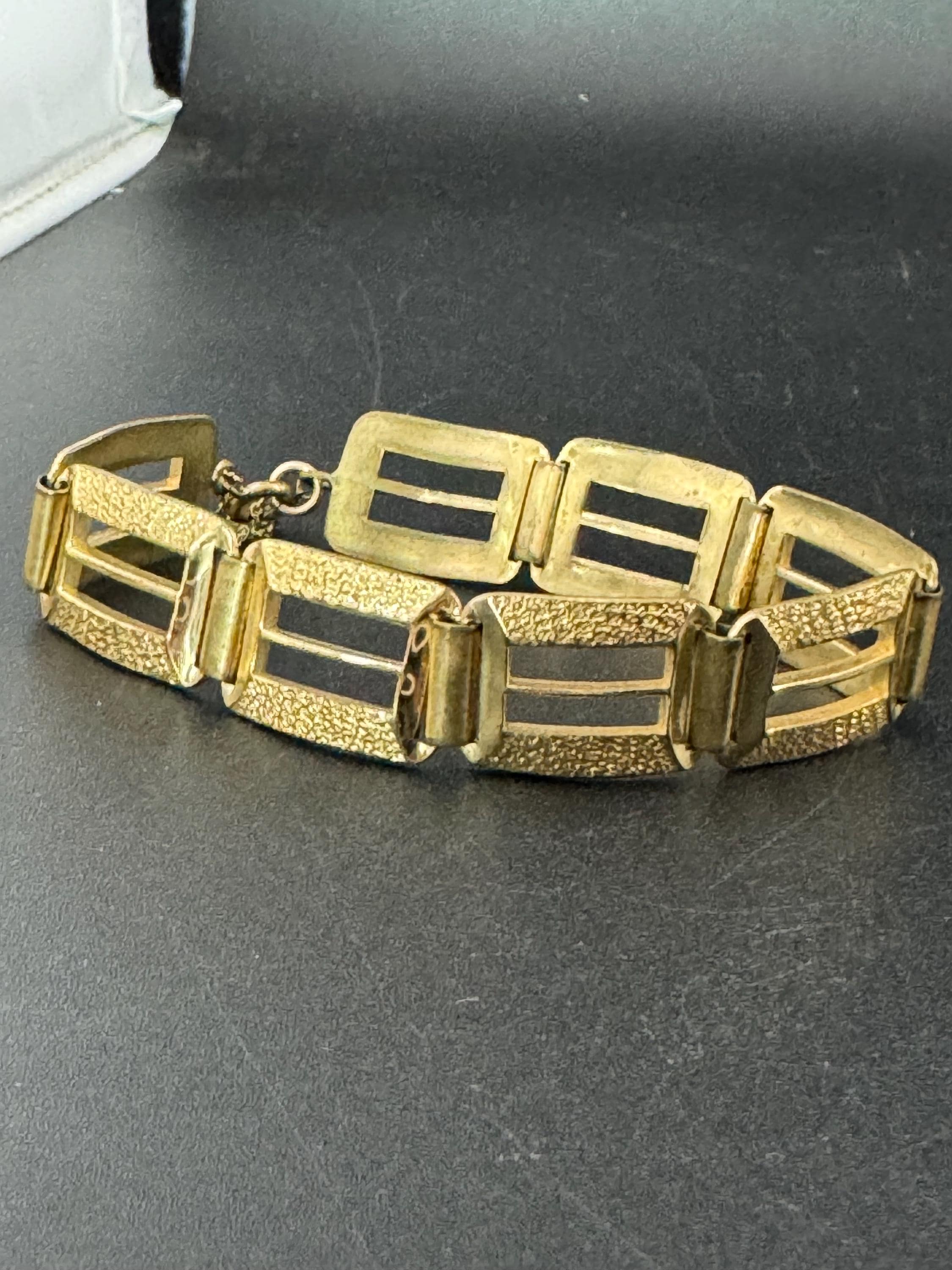 Antique 1930s modernist Rolled gold brutalist textured panel link bracelet  19cm x 16mm