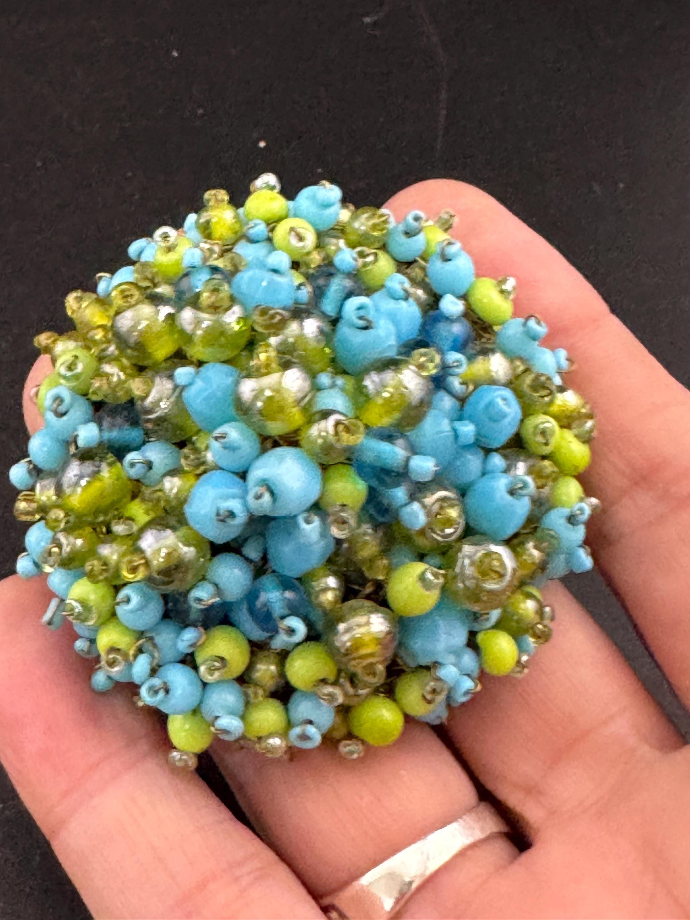 vintage large domed turquoise and lime green beaded round brooch, gold tone