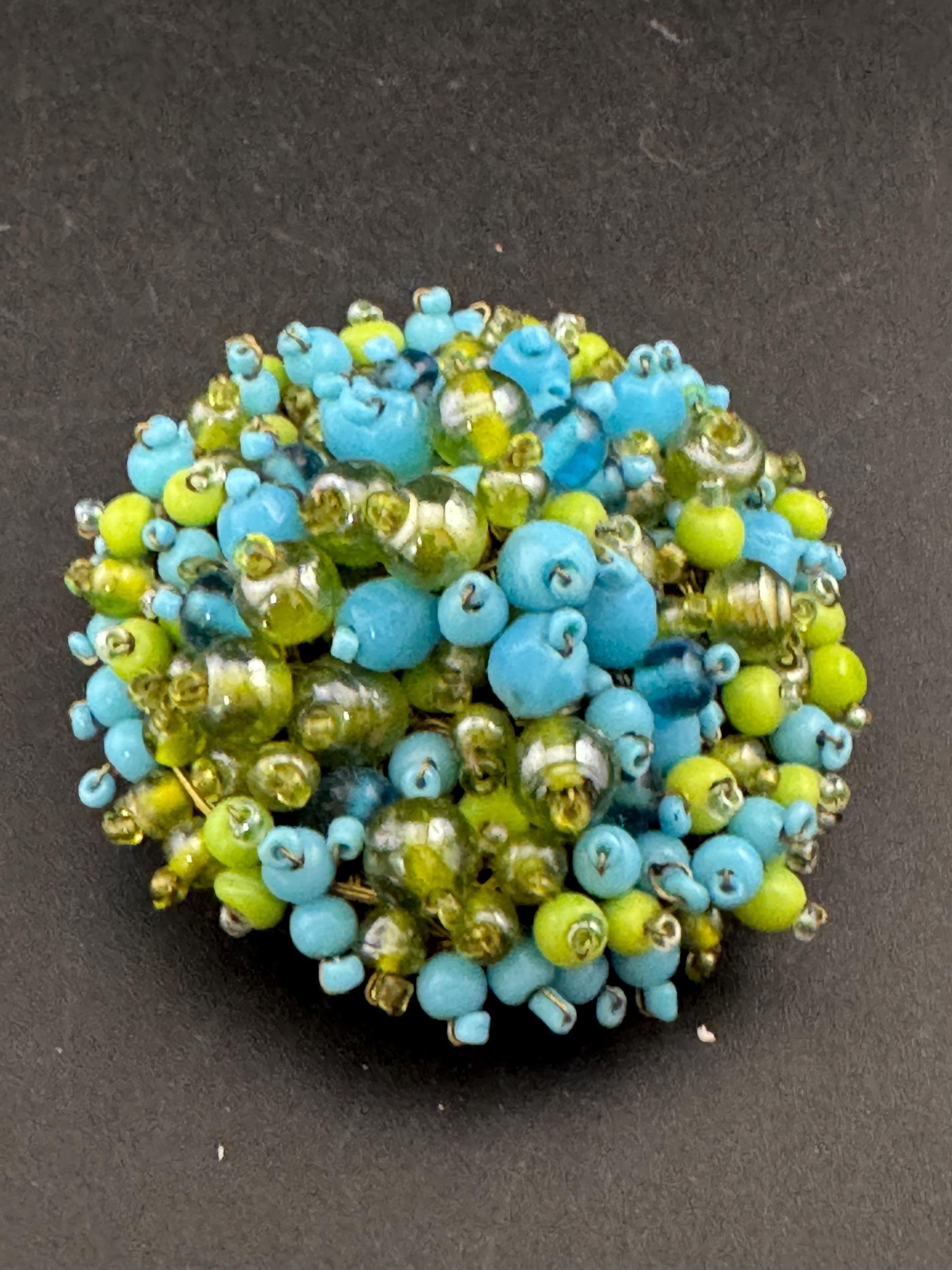 vintage large domed turquoise and lime green beaded round brooch, gold tone