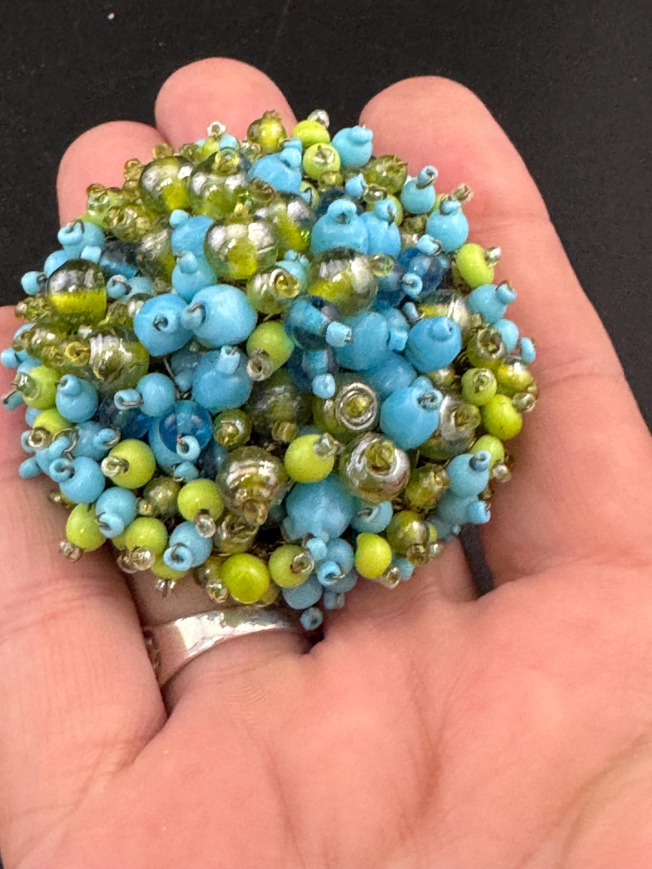 vintage large domed turquoise and lime green beaded round brooch, gold tone