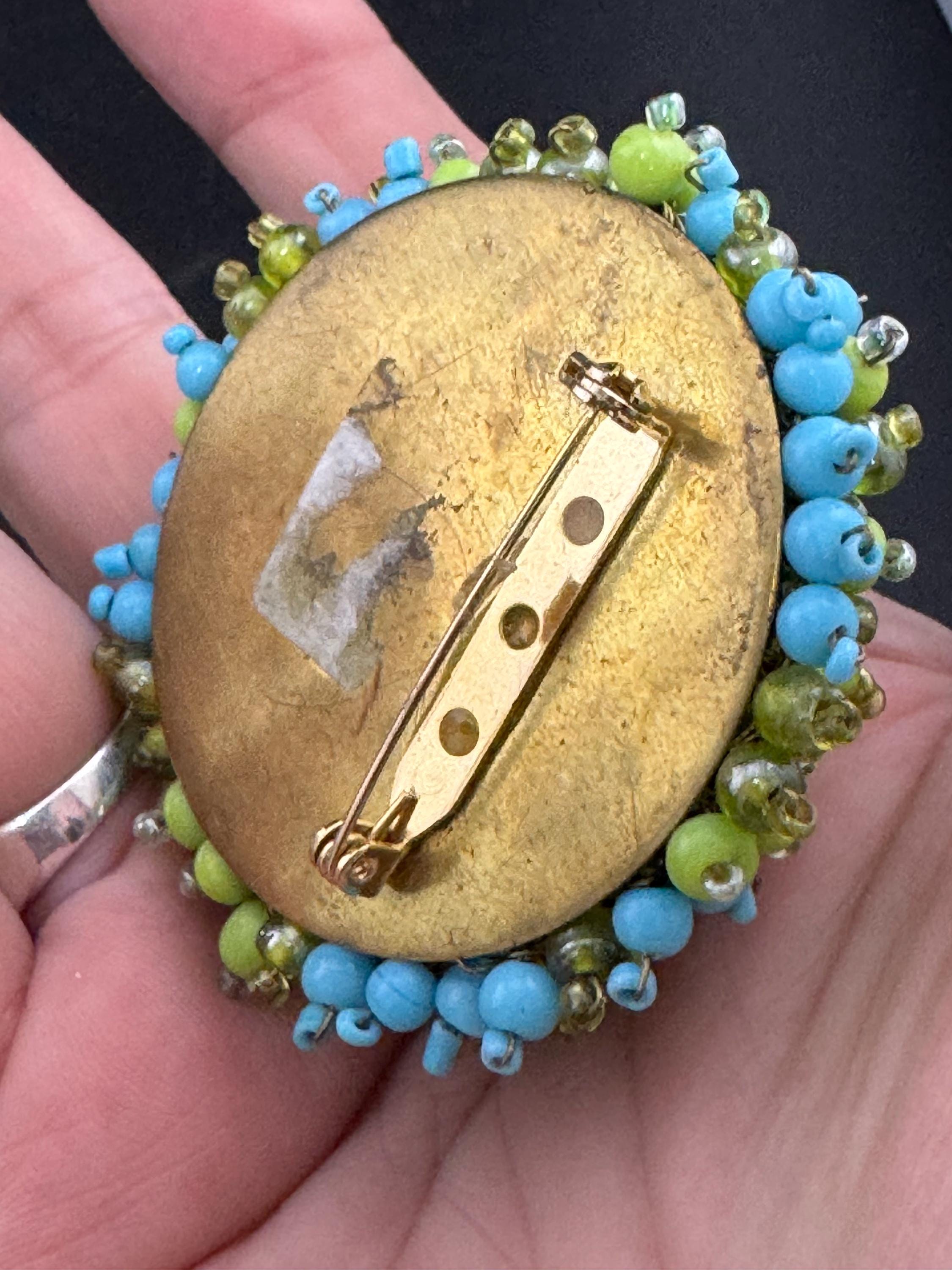vintage large domed turquoise and lime green beaded round brooch, gold tone