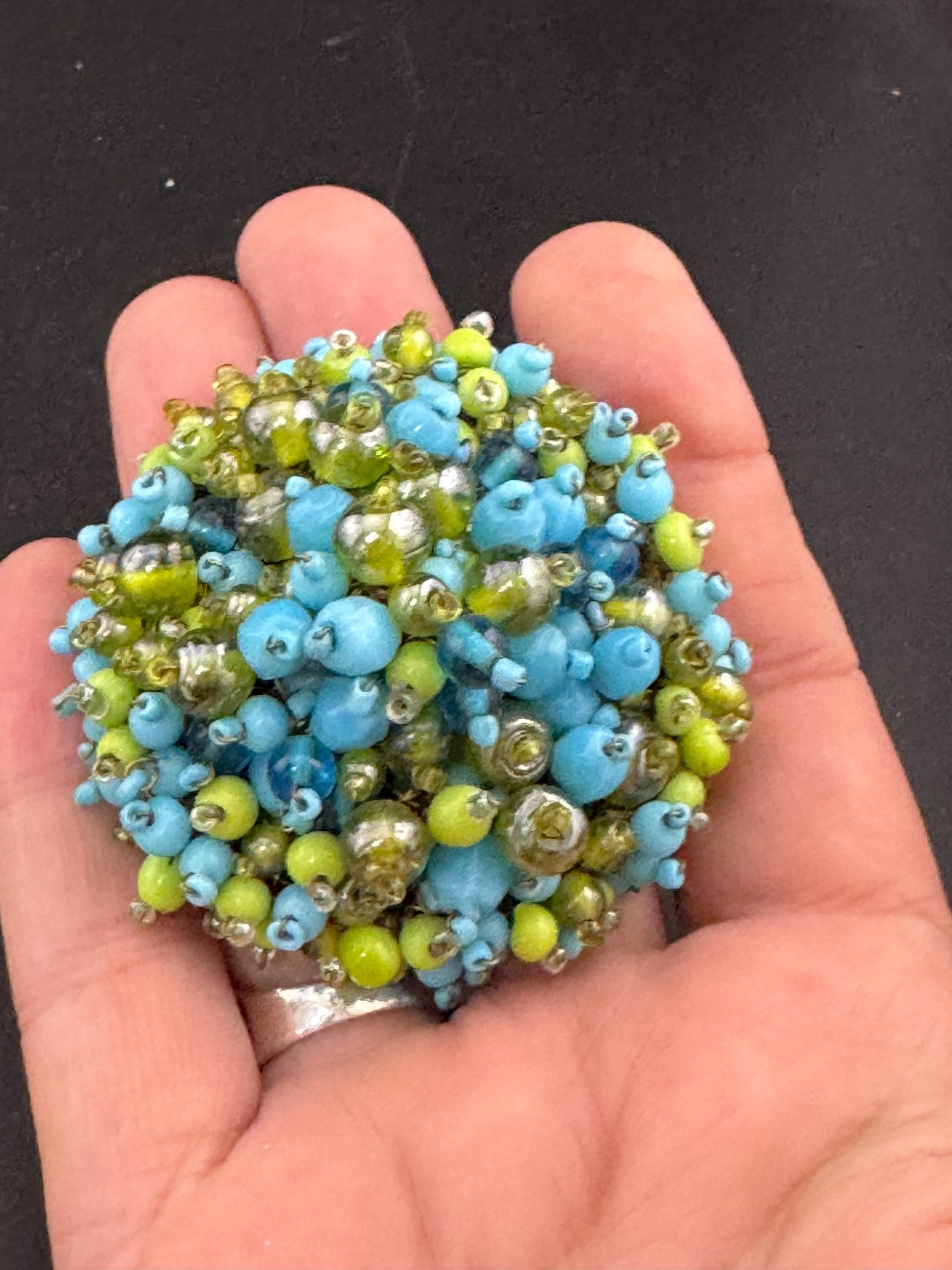 vintage large domed turquoise and lime green beaded round brooch, gold tone