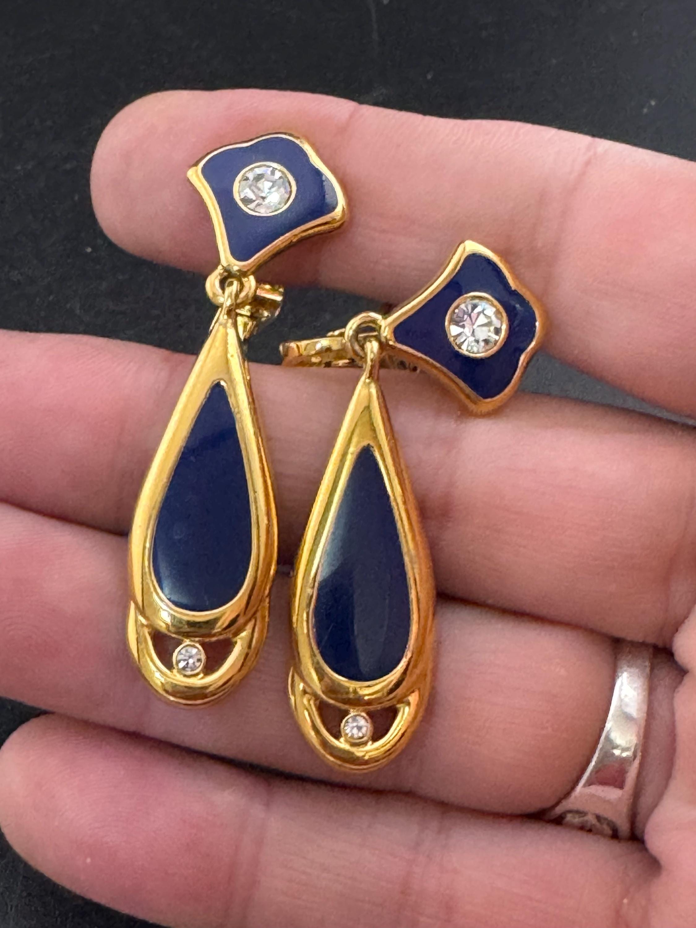 Vintage Bergdorf Goodman Clip On Earrings: Blue Enamel Gold Tone