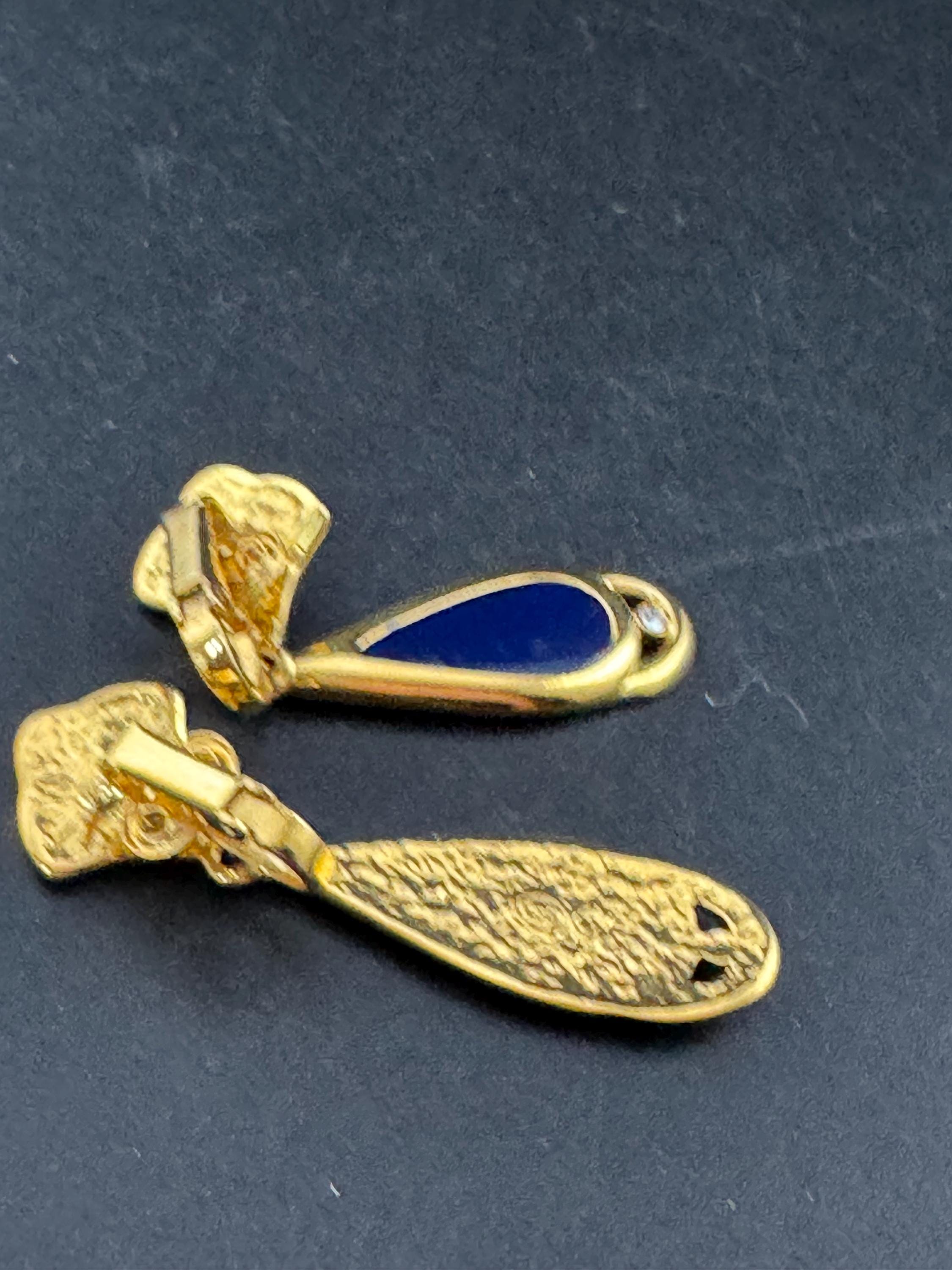 Vintage Bergdorf Goodman Clip On Earrings: Blue Enamel Gold Tone