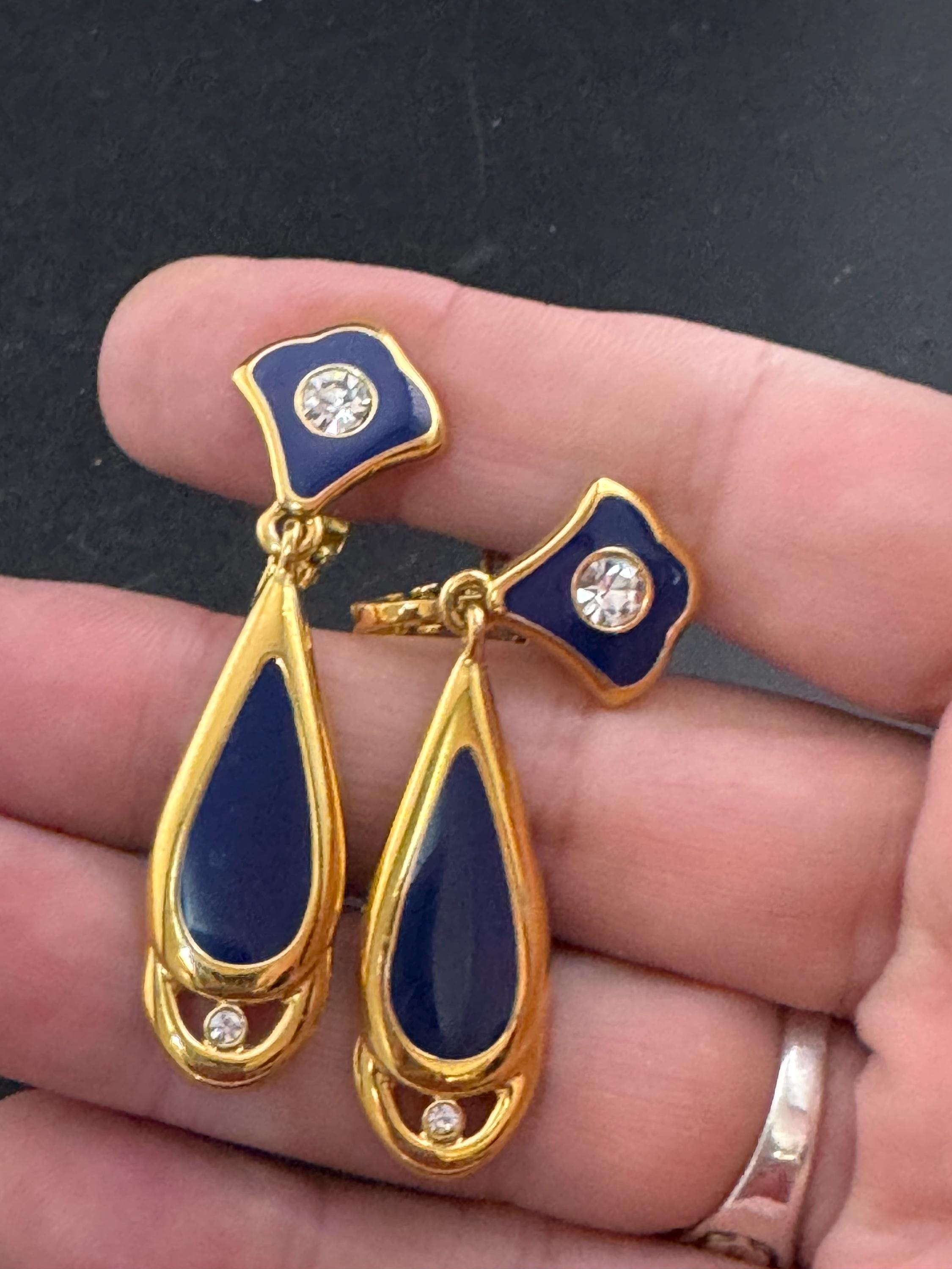 Vintage Bergdorf Goodman Clip On Earrings: Blue Enamel Gold Tone