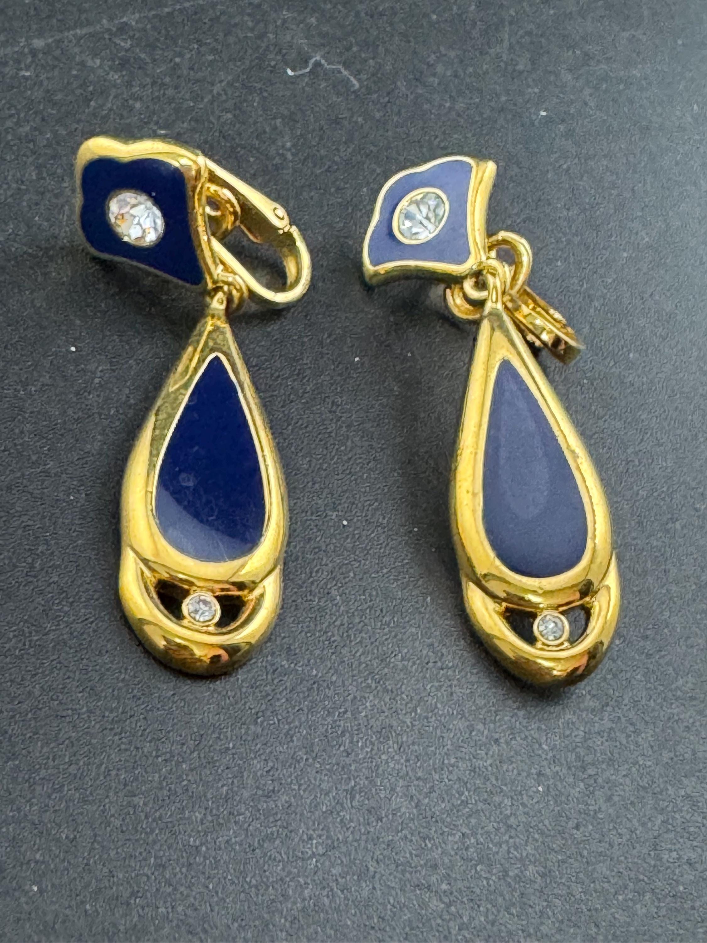 Vintage Bergdorf Goodman Clip On Earrings: Blue Enamel Gold Tone