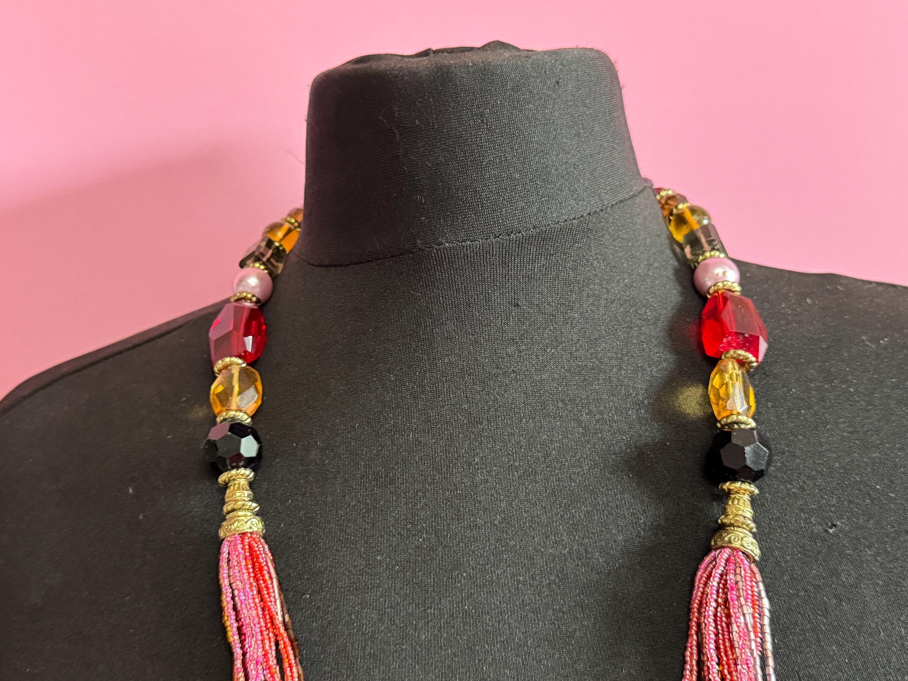 Vintage Pink & Red Seed Bead Waterfall Necklace: Chunky Glass Beads