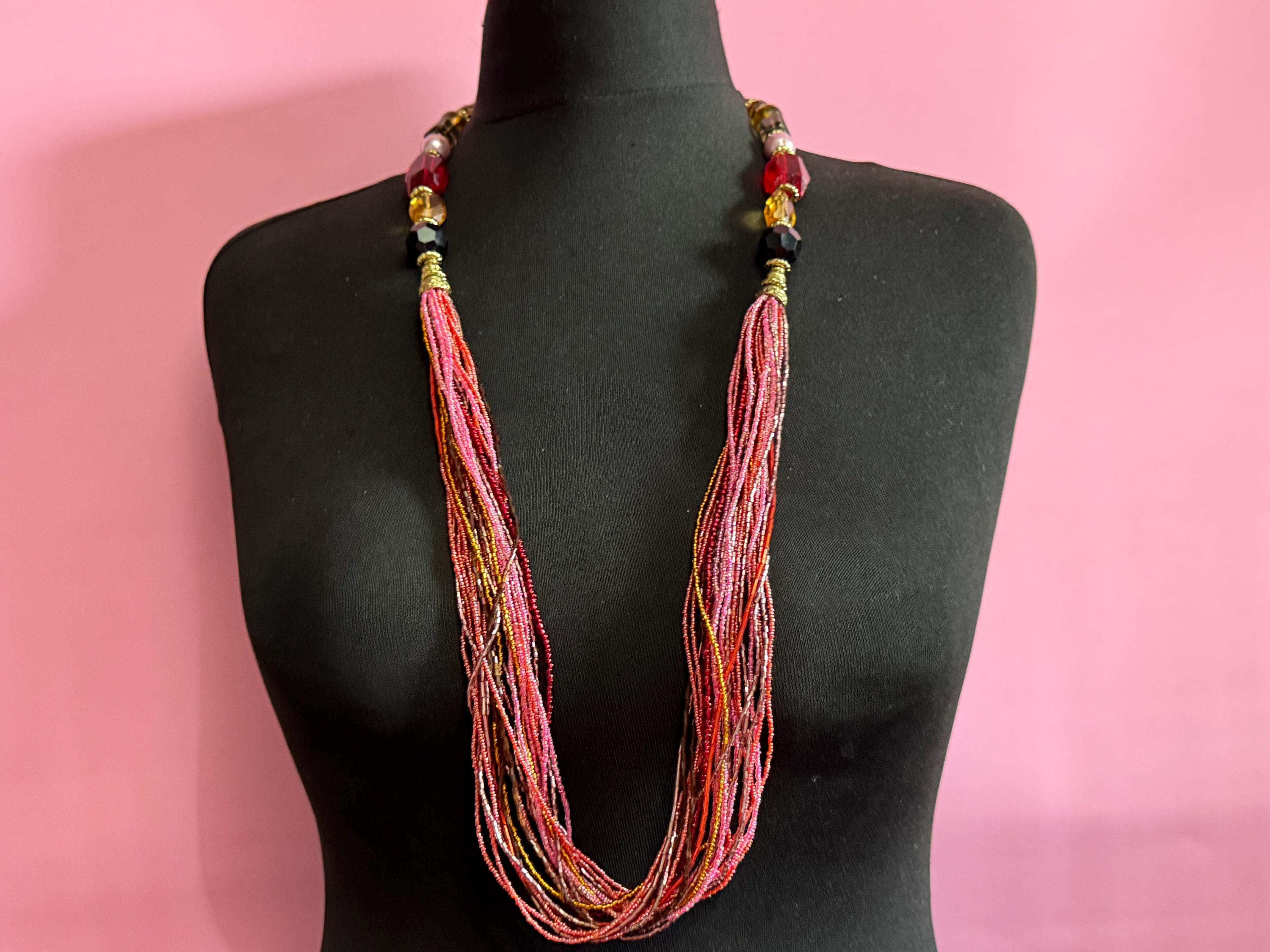 Vintage Pink & Red Seed Bead Waterfall Necklace: Chunky Glass Beads