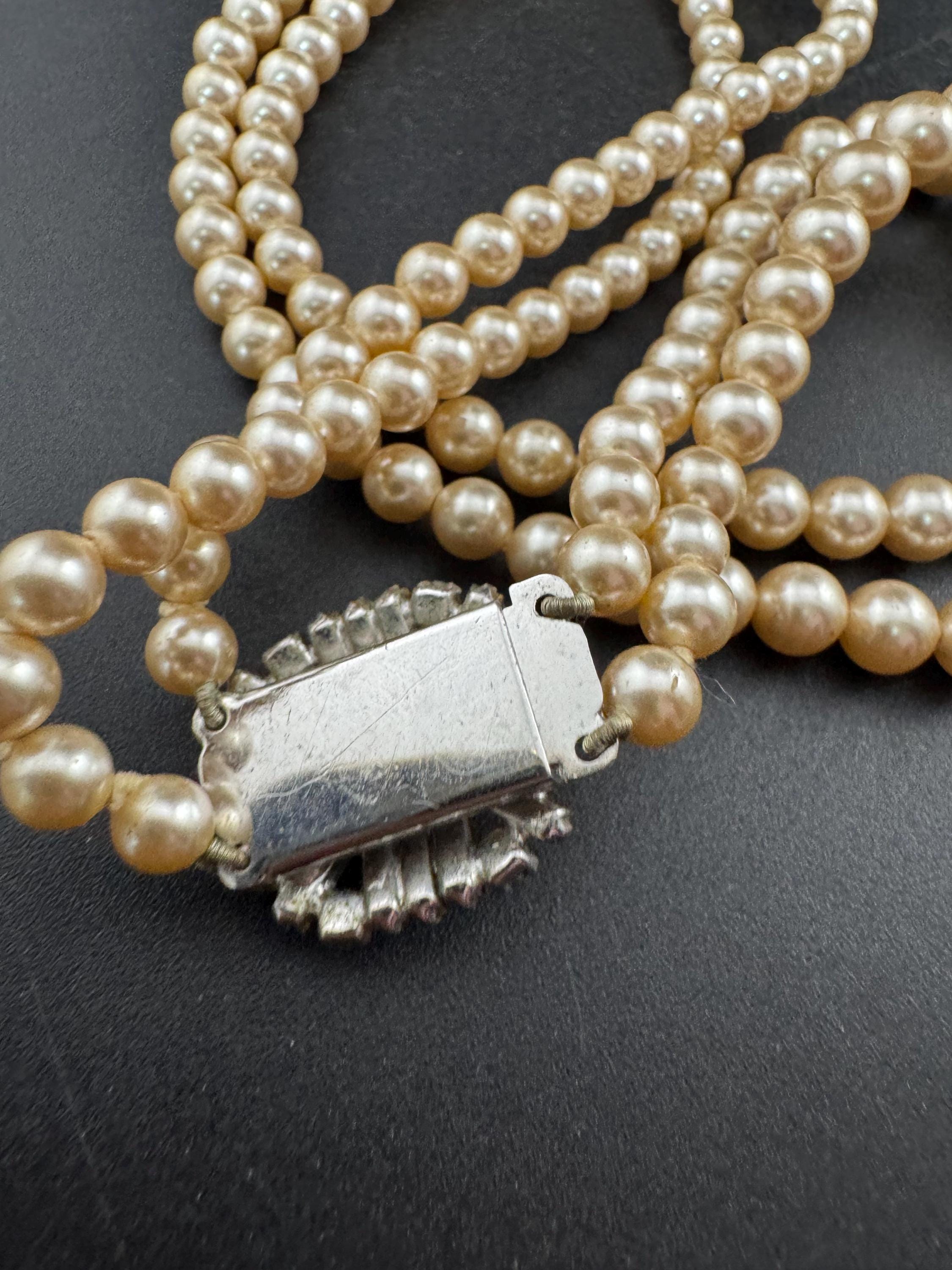 Vintage faux glass pearl necklace with pink rhinestone side clasp, 2 row