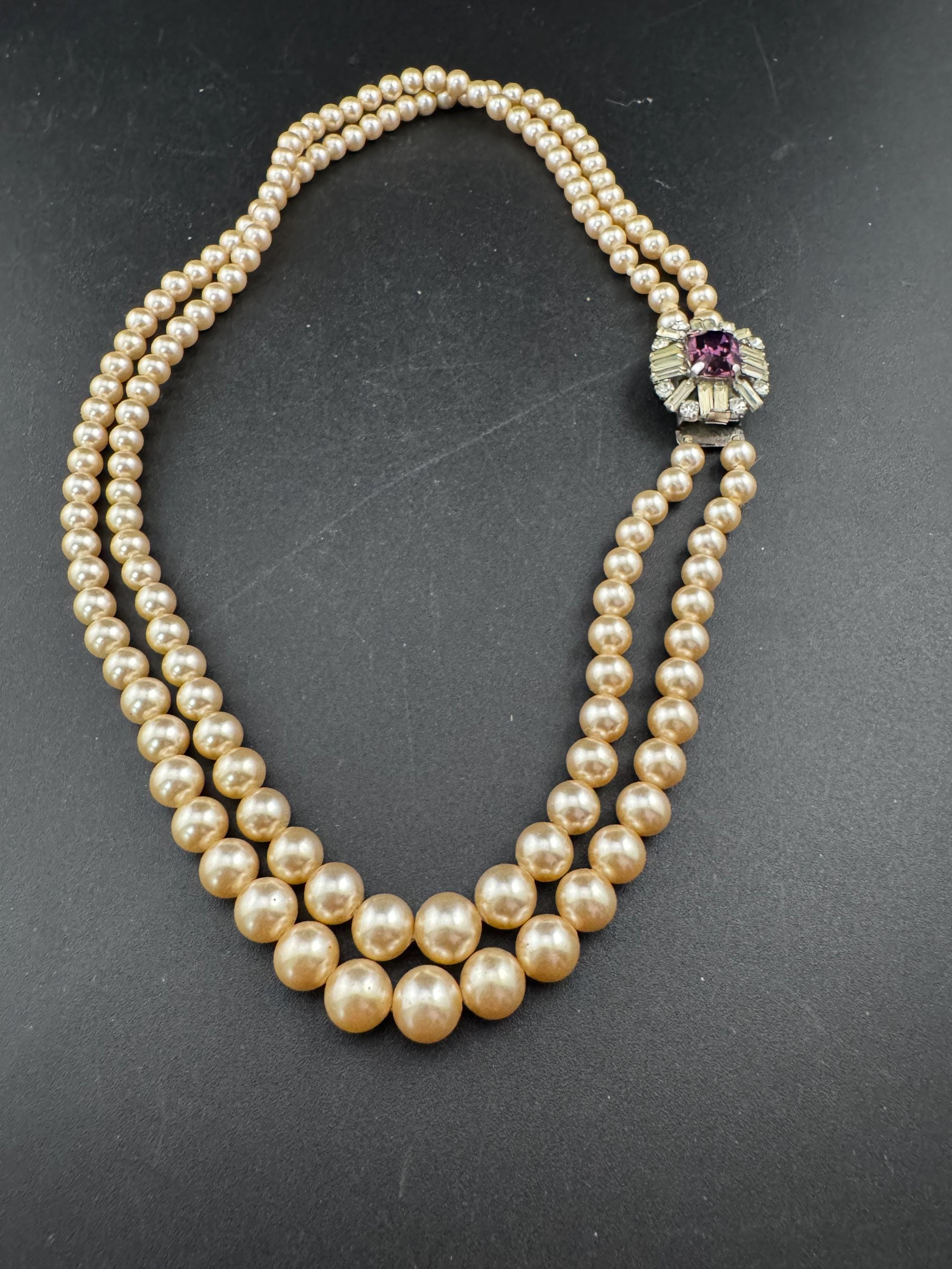 Vintage faux glass pearl necklace with pink rhinestone side clasp, 2 row