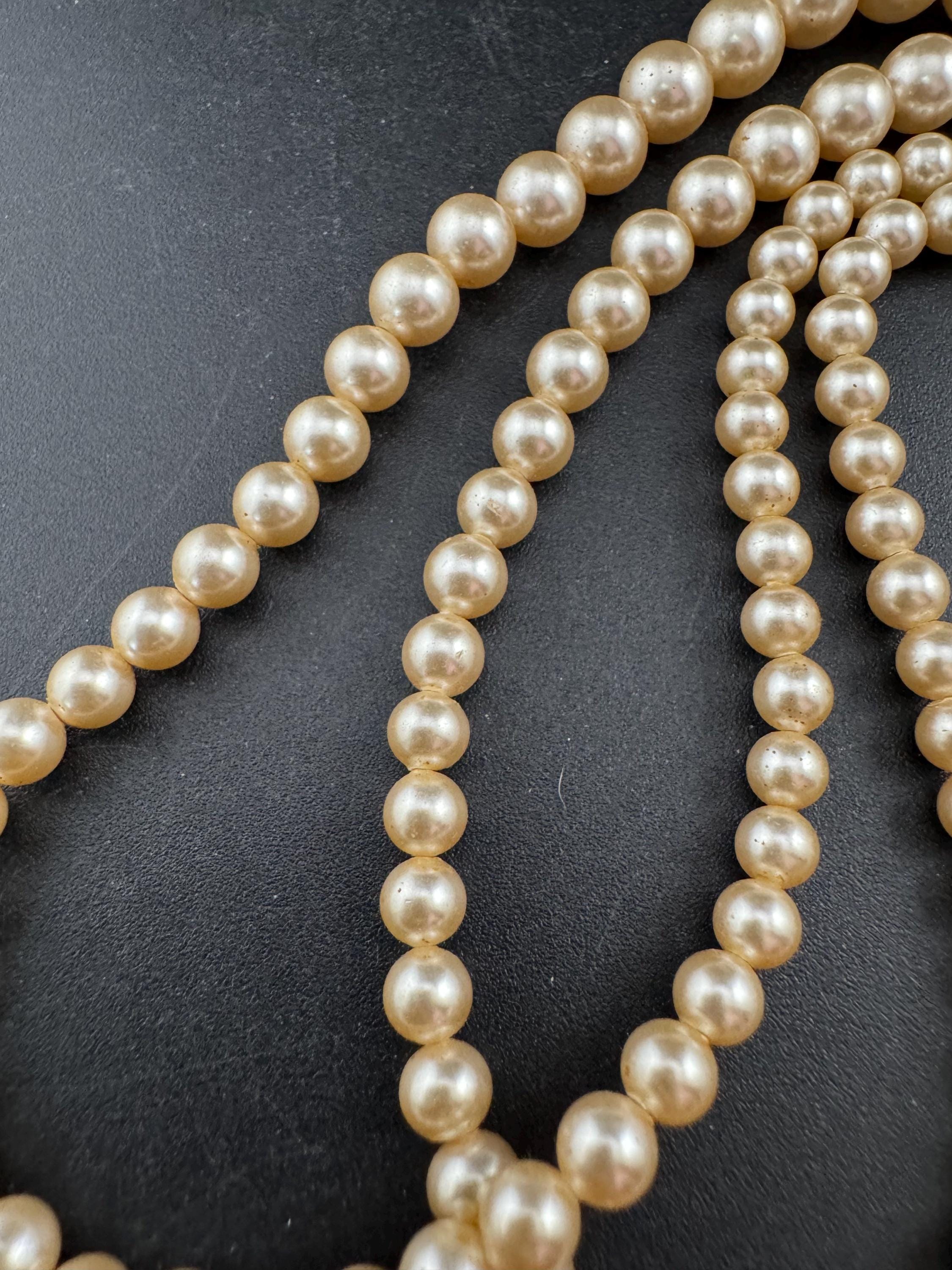 Vintage faux glass pearl necklace with pink rhinestone side clasp, 2 row