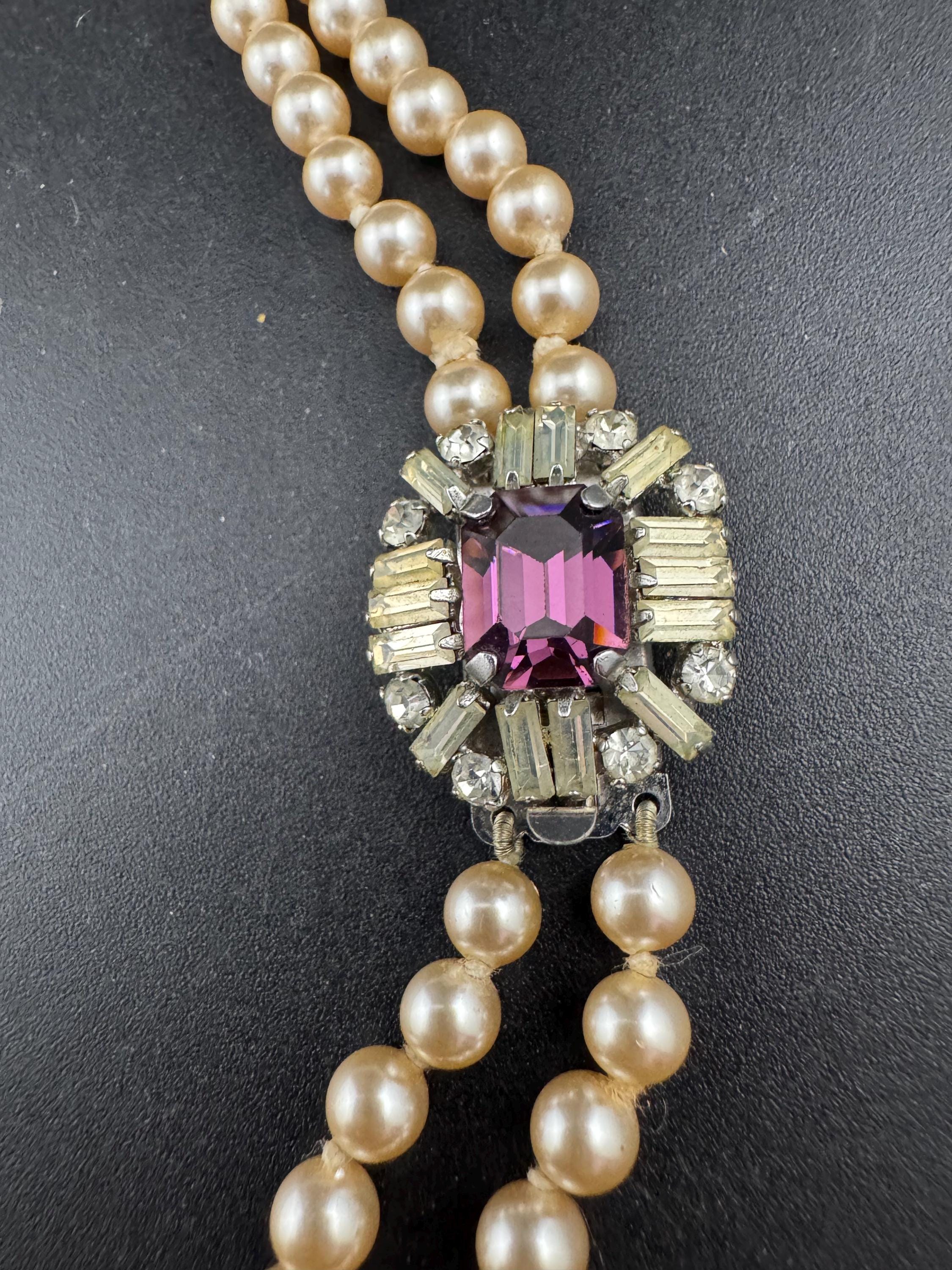 Vintage faux glass pearl necklace with pink rhinestone side clasp, 2 row