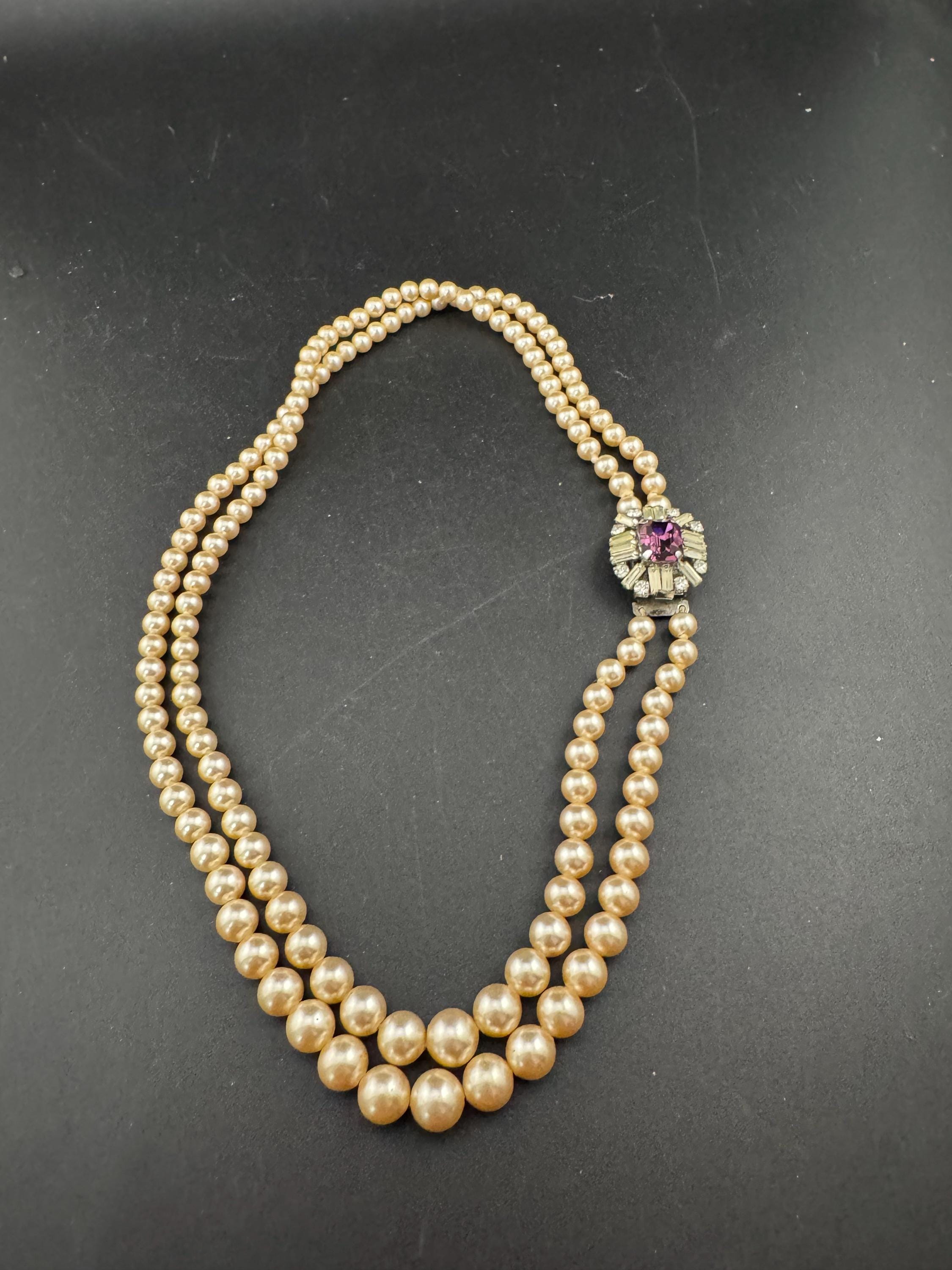 Vintage faux glass pearl necklace with pink rhinestone side clasp, 2 row