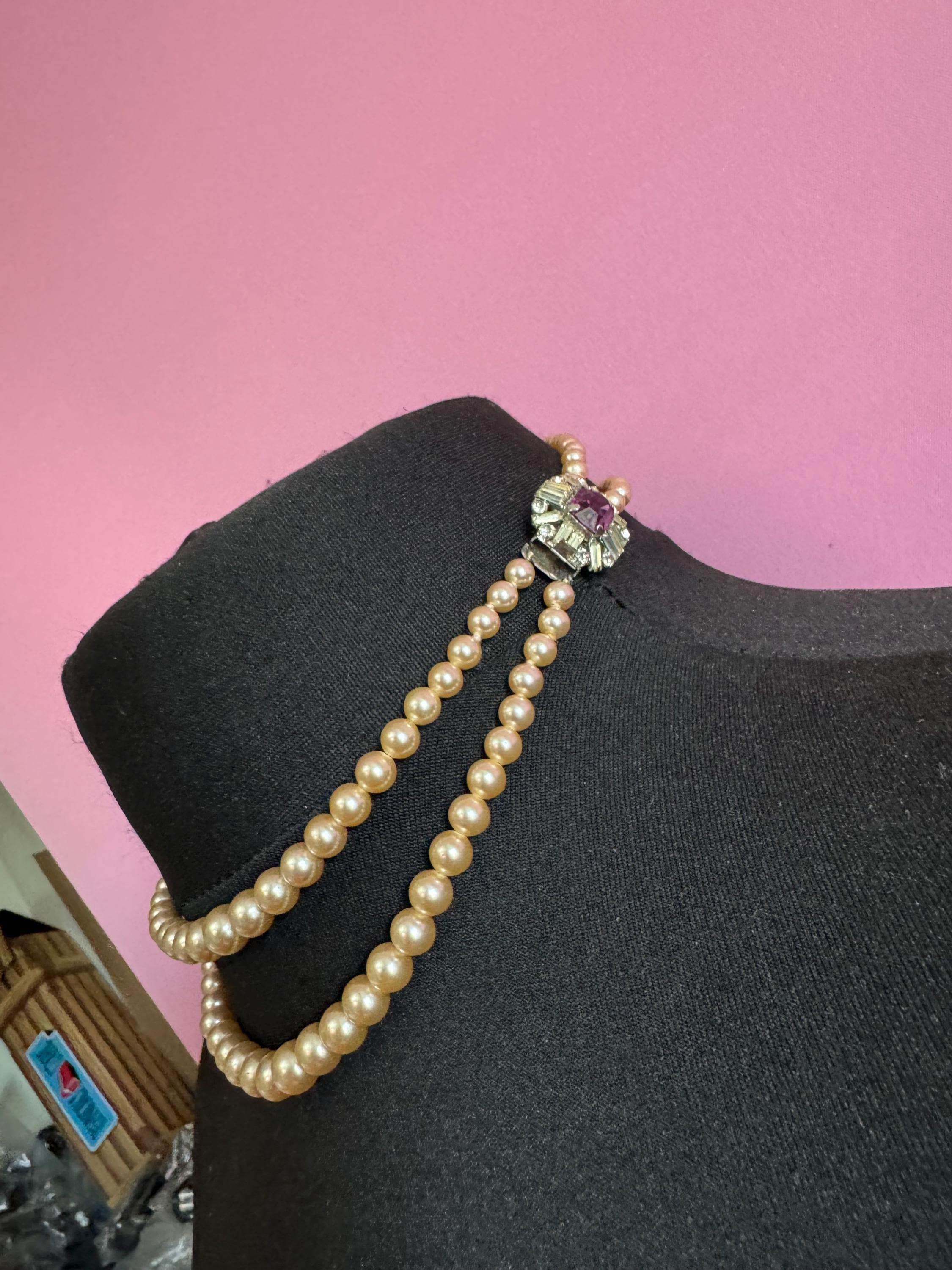 Vintage faux glass pearl necklace with pink rhinestone side clasp, 2 row