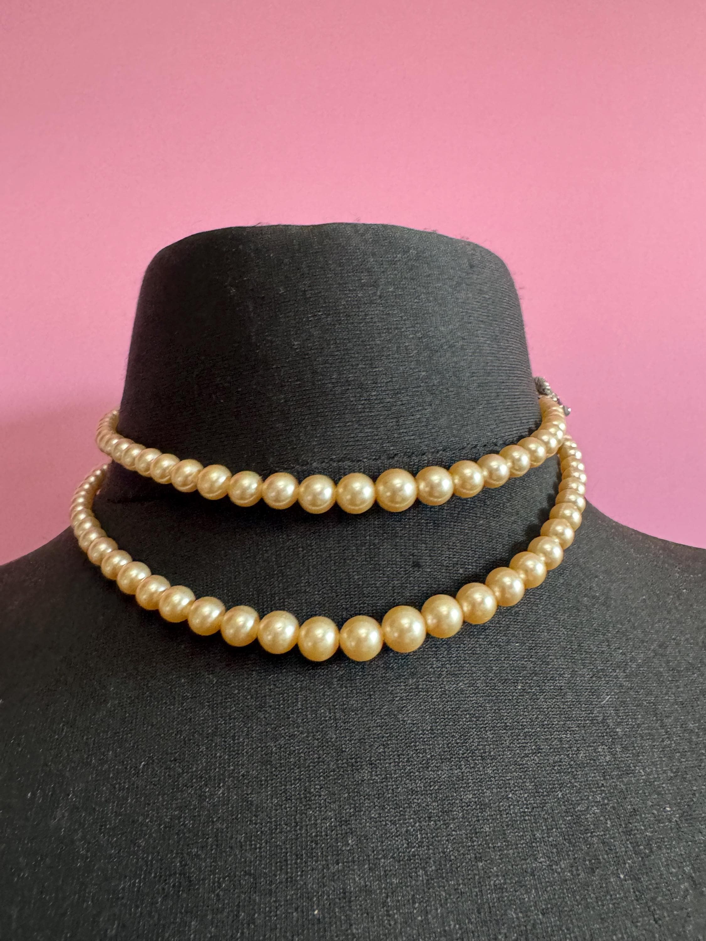 Vintage faux glass pearl necklace with pink rhinestone side clasp, 2 row