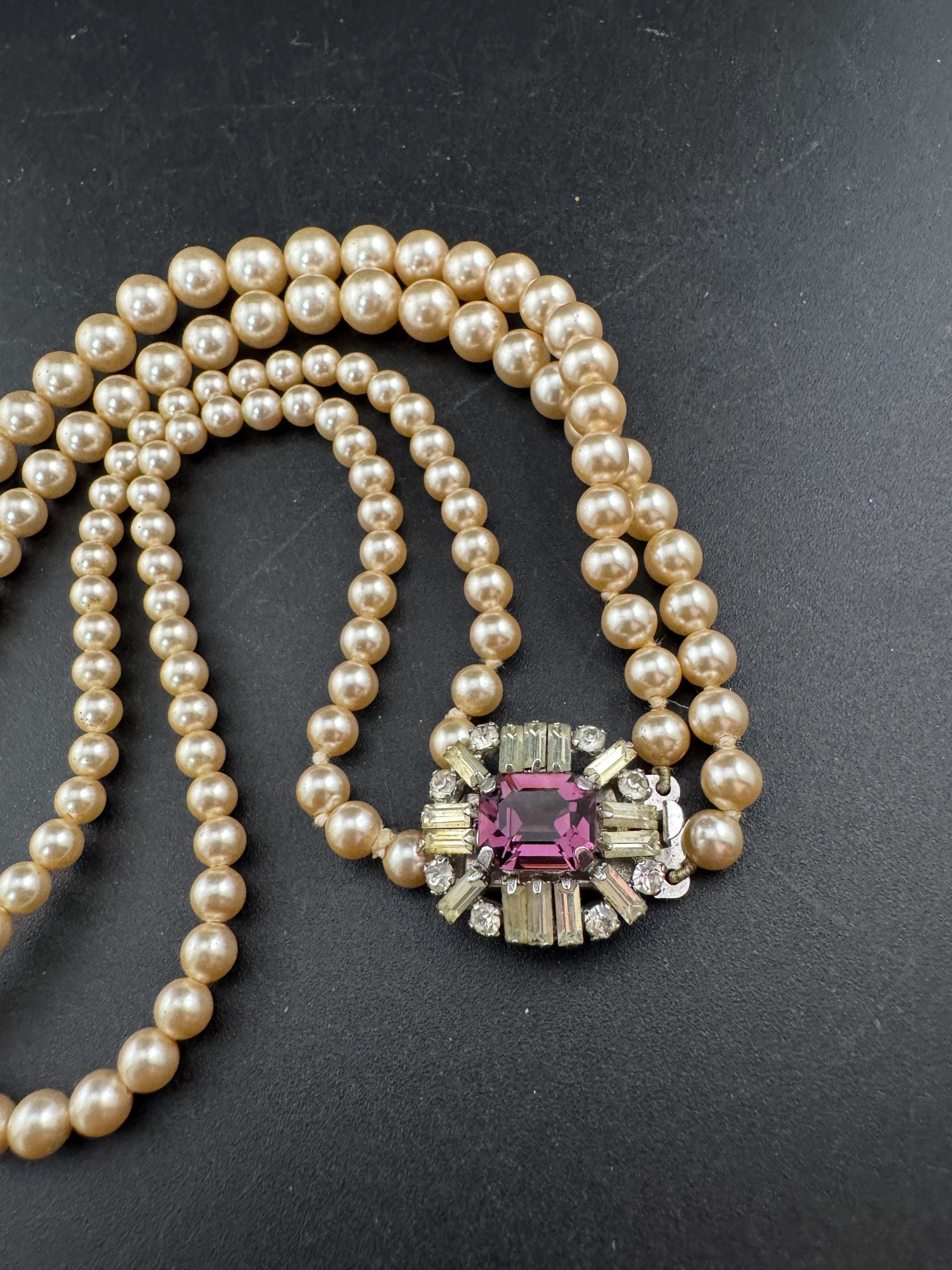 Vintage faux glass pearl necklace with pink rhinestone side clasp, 2 row
