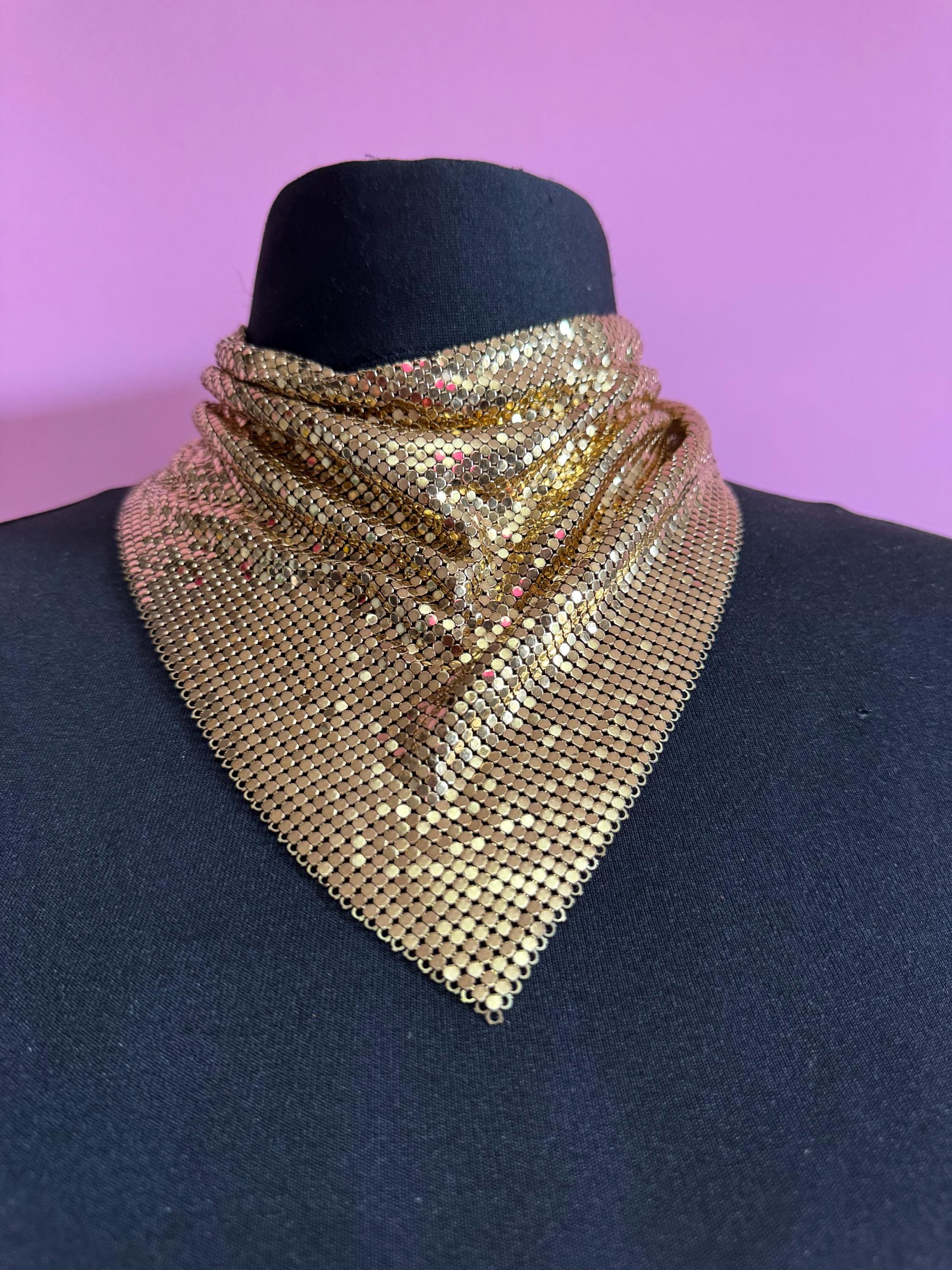 Vintage signed whiting and Davis gold mesh choker bib chainmail necklace