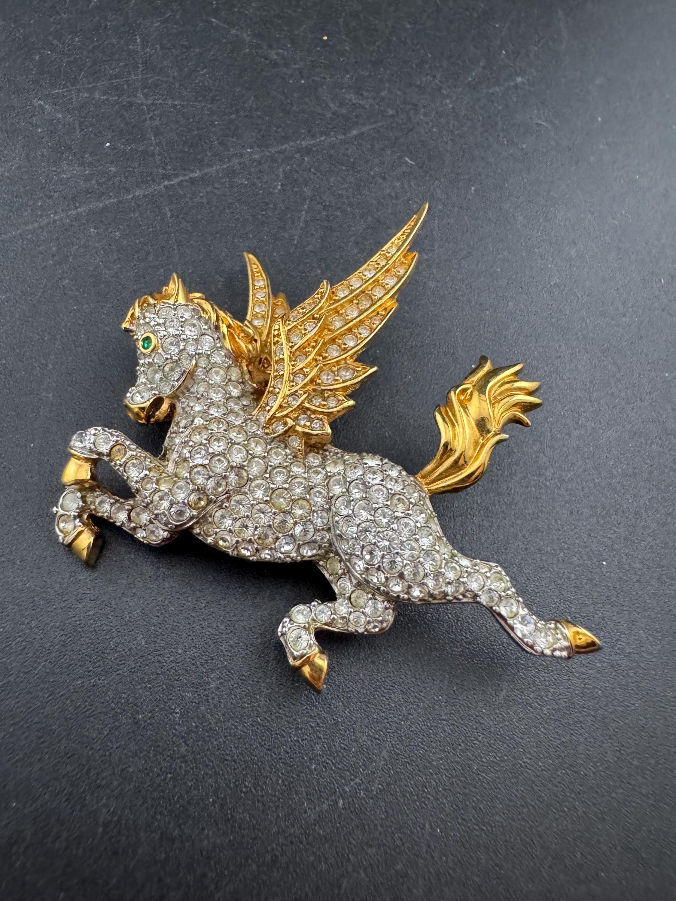 Vintage signed Swarovski mythical Pegasus Pin Brooch, Gold Plated with Clear Crystals