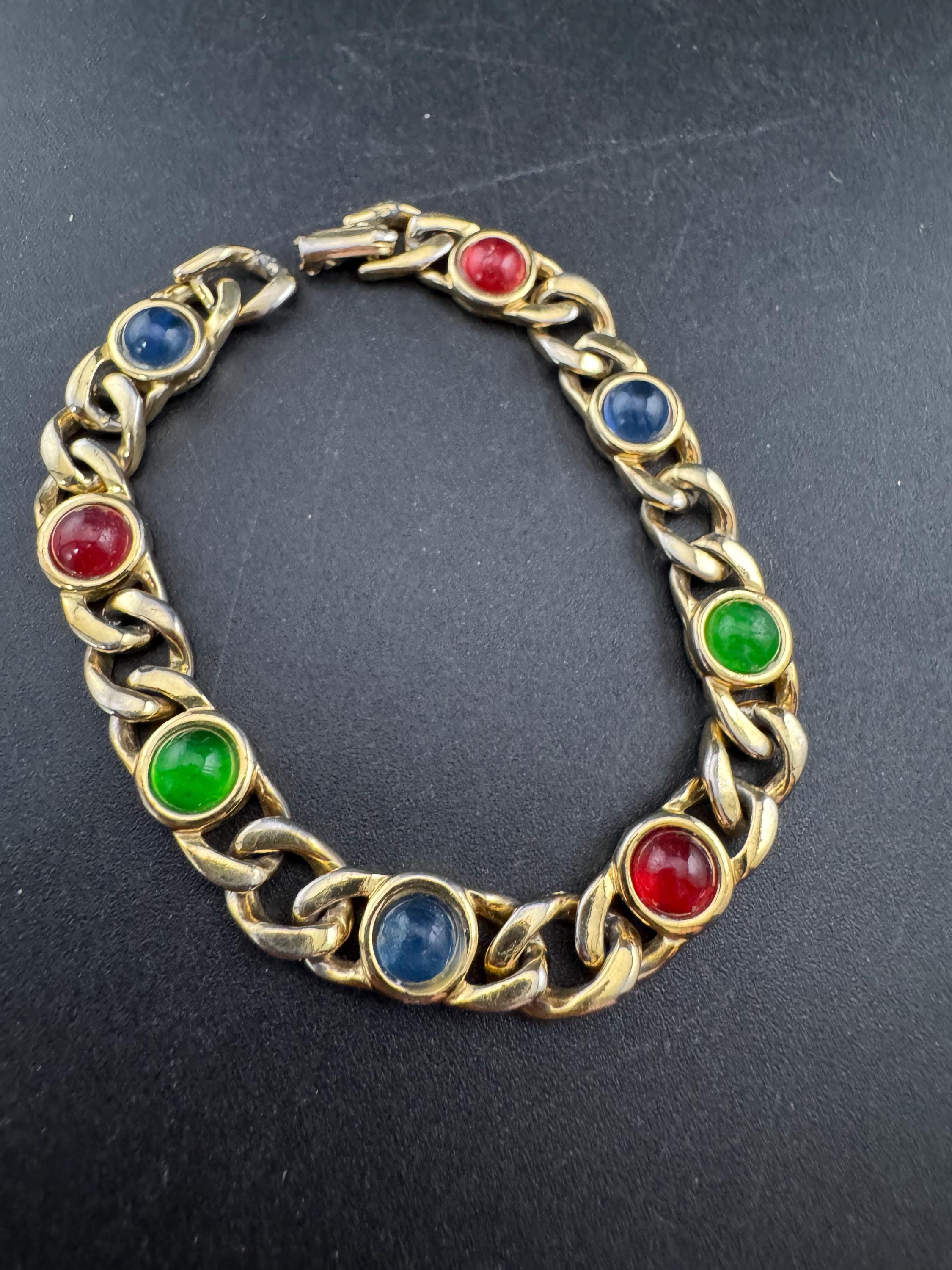 Retro Gold Tone slimtennis Bracelet set with red green and blue glass cabochons