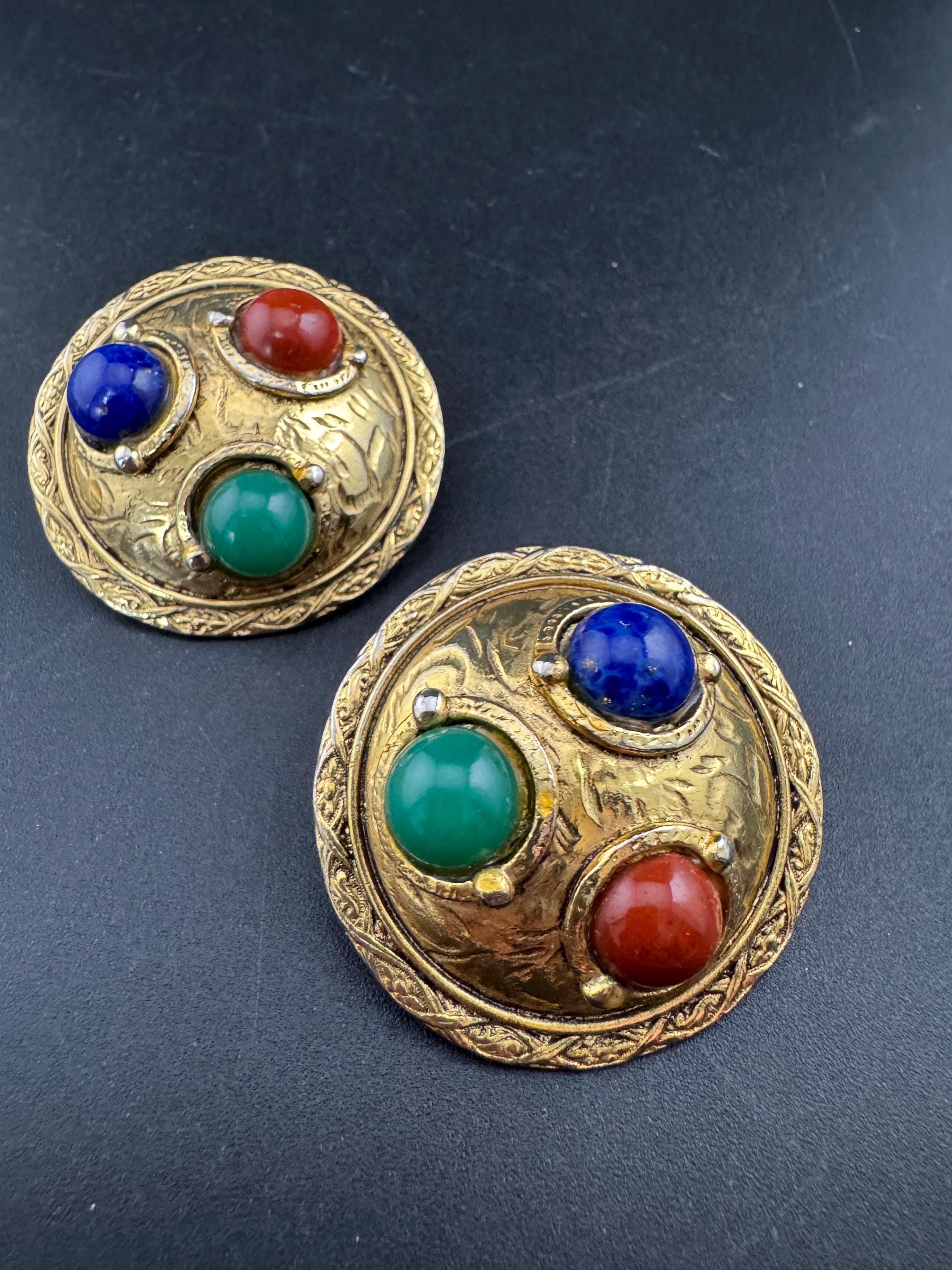 Signed French Abbey Road, Vintage 1980s Cabochon Clip On Earrings