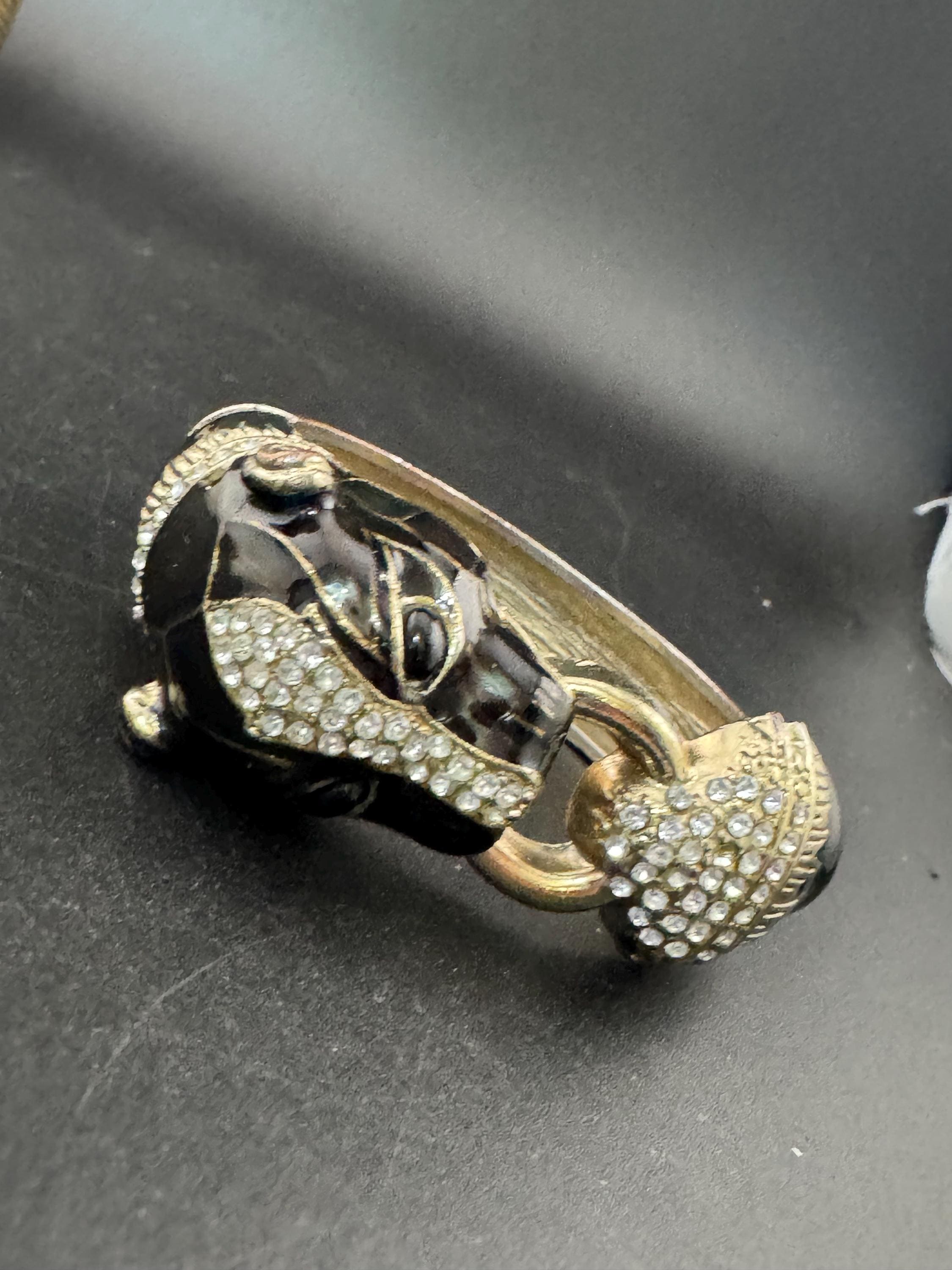 Wounded Vintage 80s Black enamel BIG CAT diamanté clamper bangle see notes