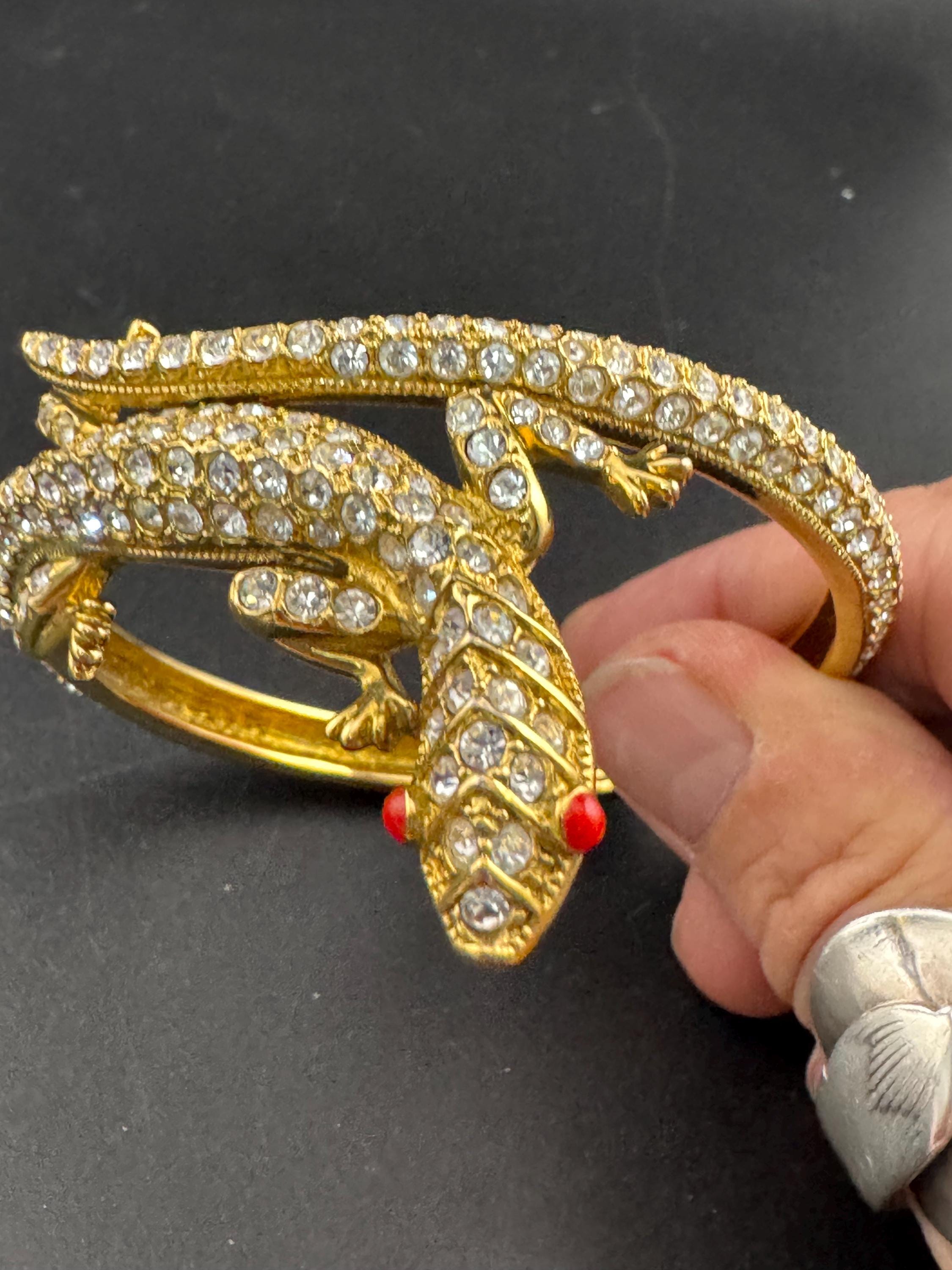 Vintage clear rhinestone encrusted lizard clamper Bangle bracelet with red beaded eyes