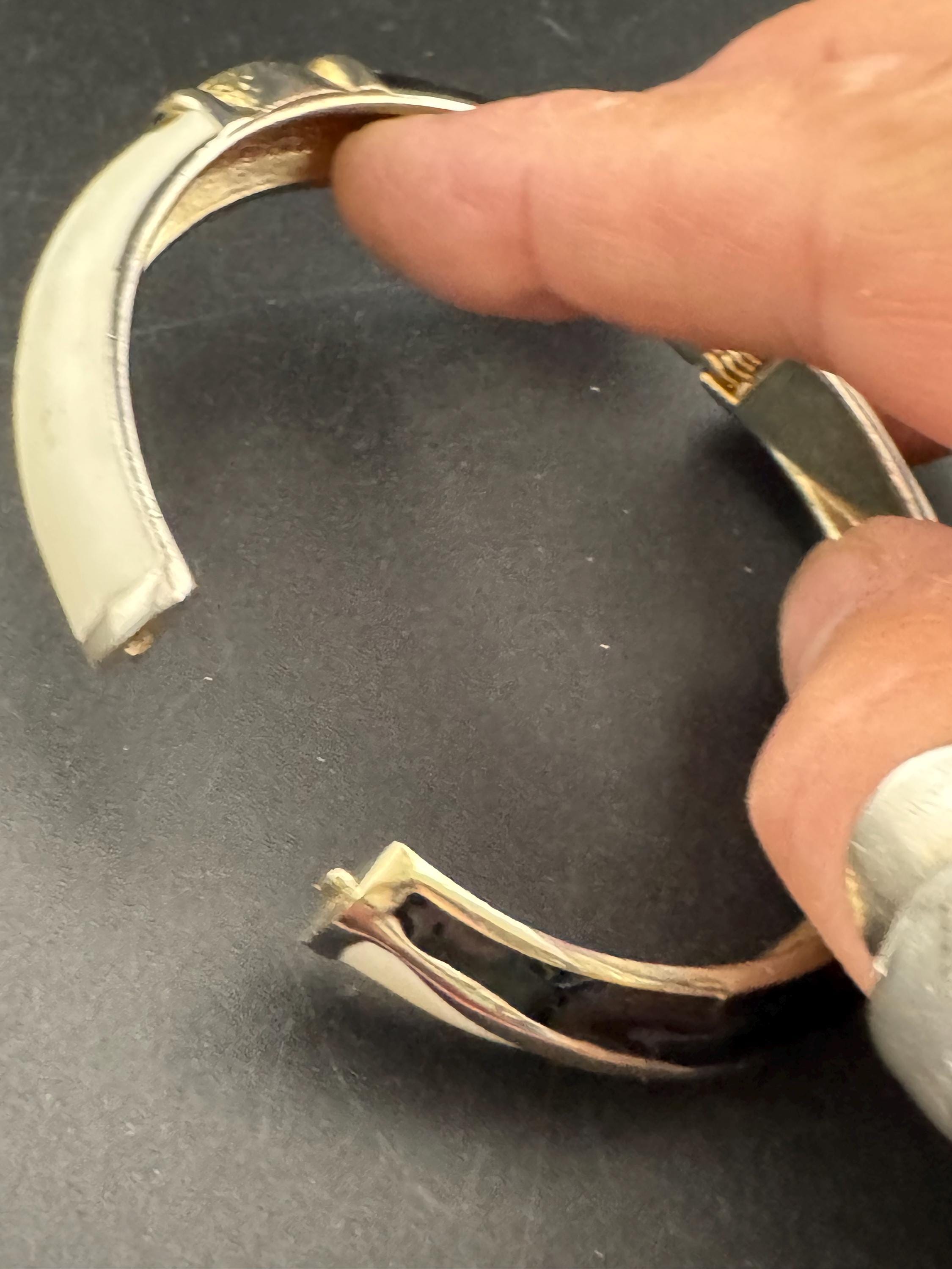 Vintage cream and black enamel hinged clamper bangle , 80s