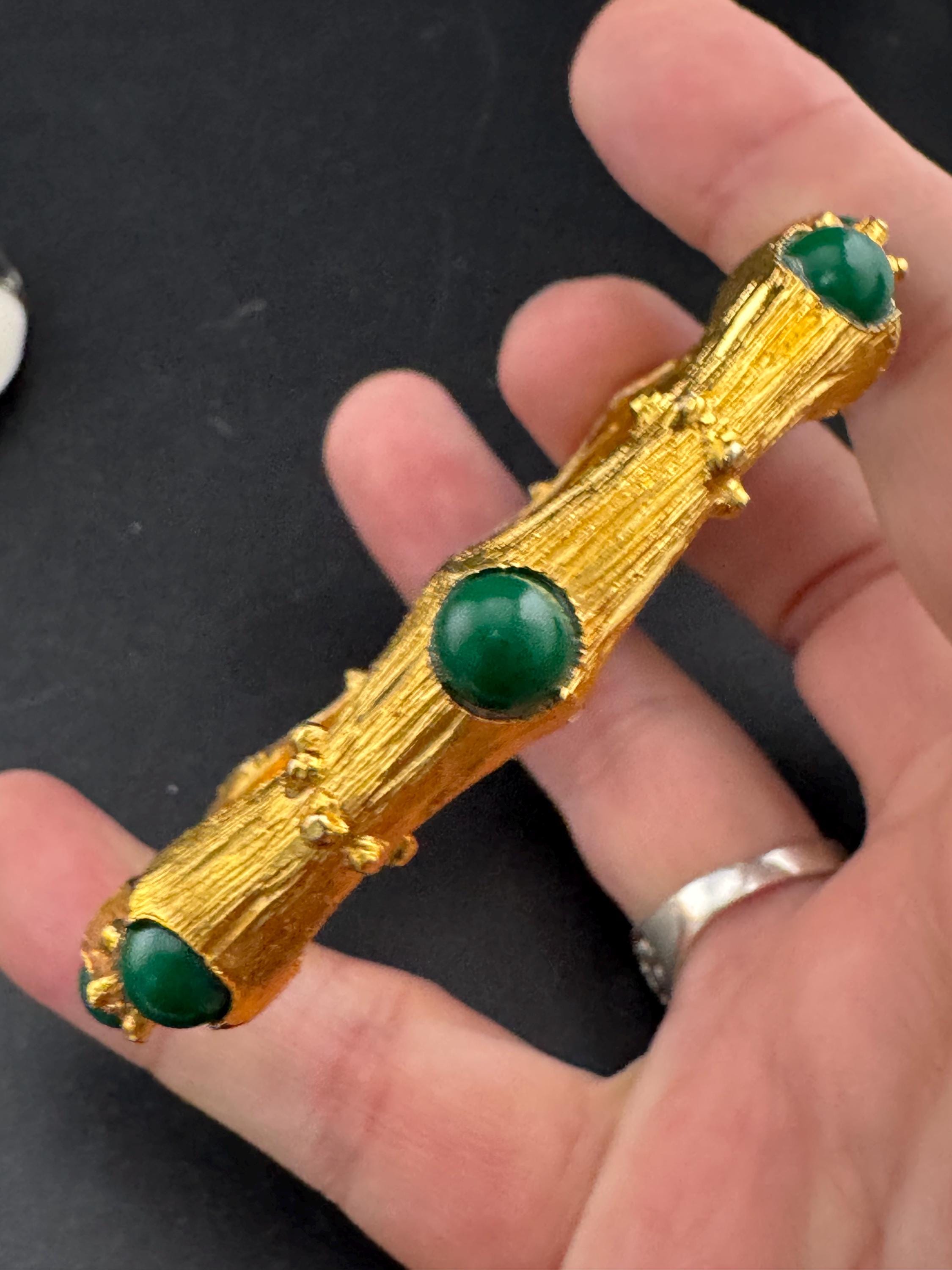 Vintage Chinese BAMBOO gold tone fixed bangle bracelet set with green cabochons