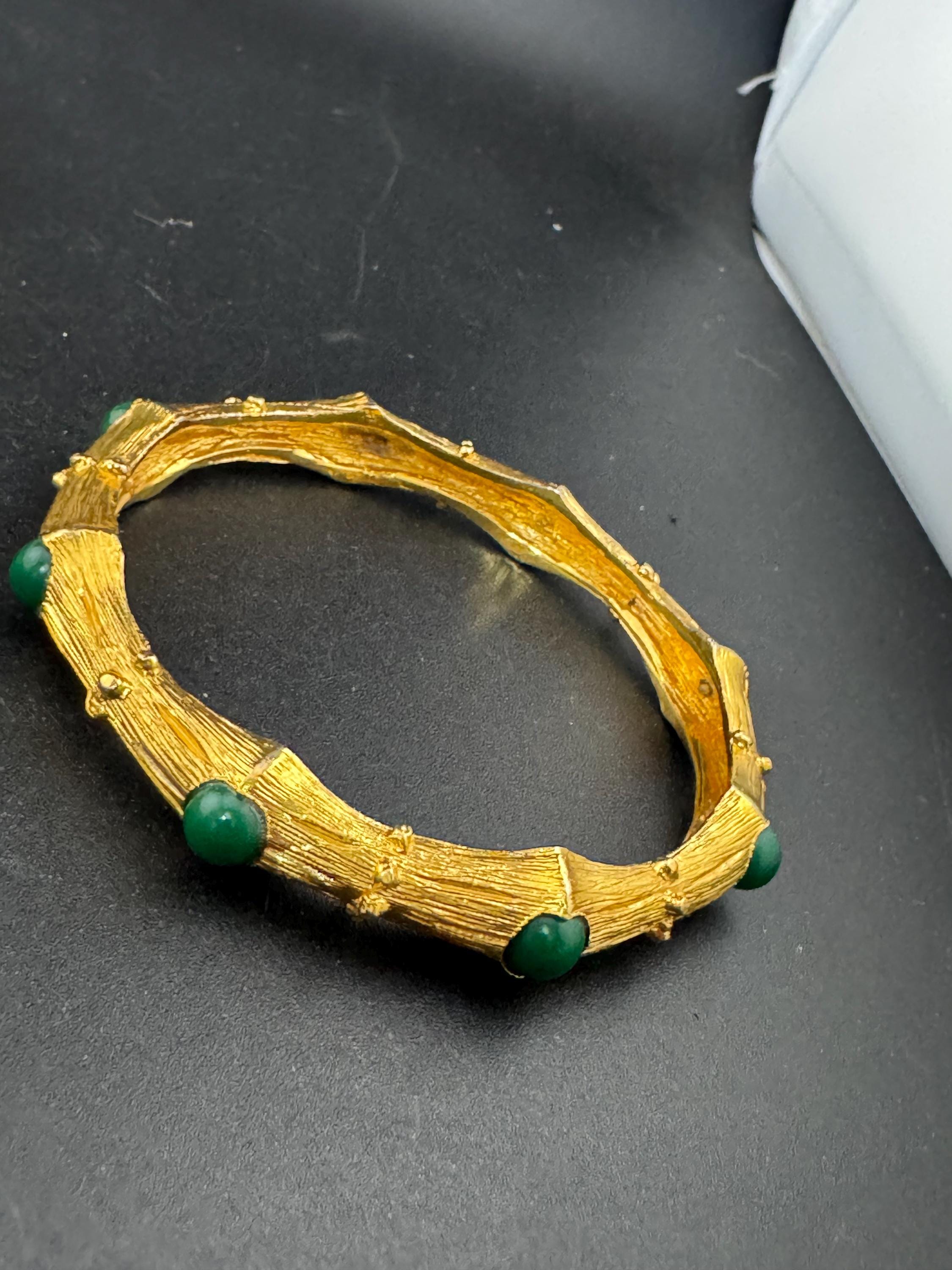 Vintage Chinese BAMBOO gold tone fixed bangle bracelet set with green cabochons