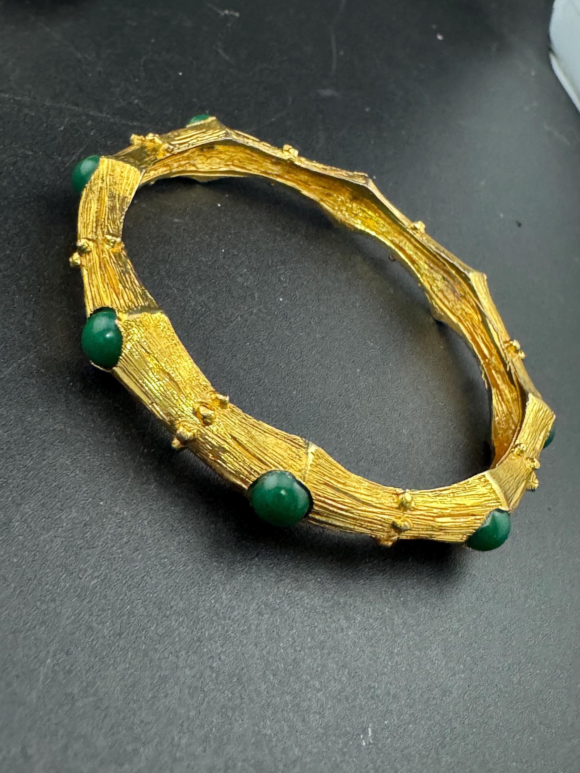 Vintage Chinese BAMBOO gold tone fixed bangle bracelet set with green cabochons
