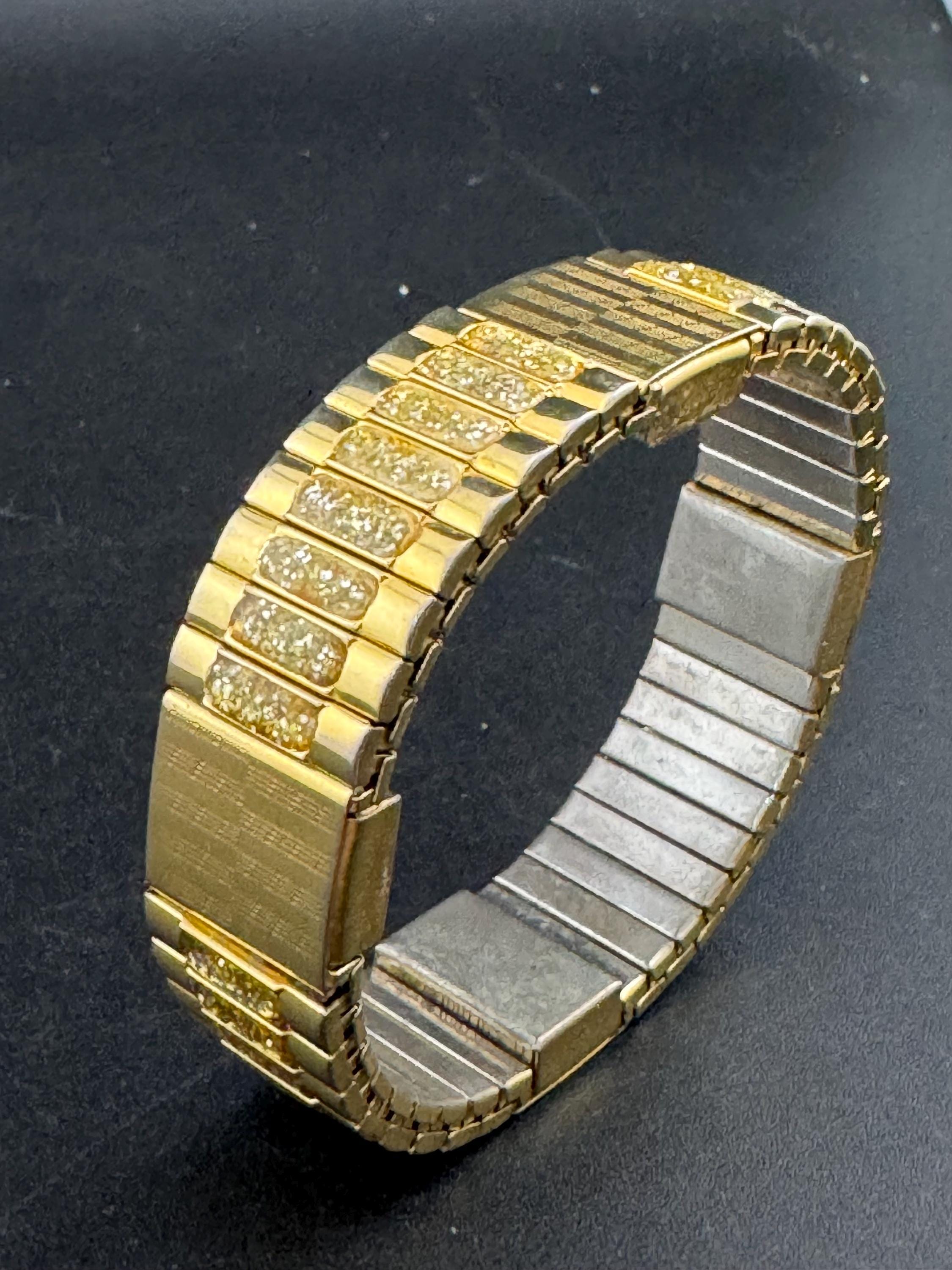 Vintage engine turned gold tone glittery stretchy wide watch strap cuff Bracelet