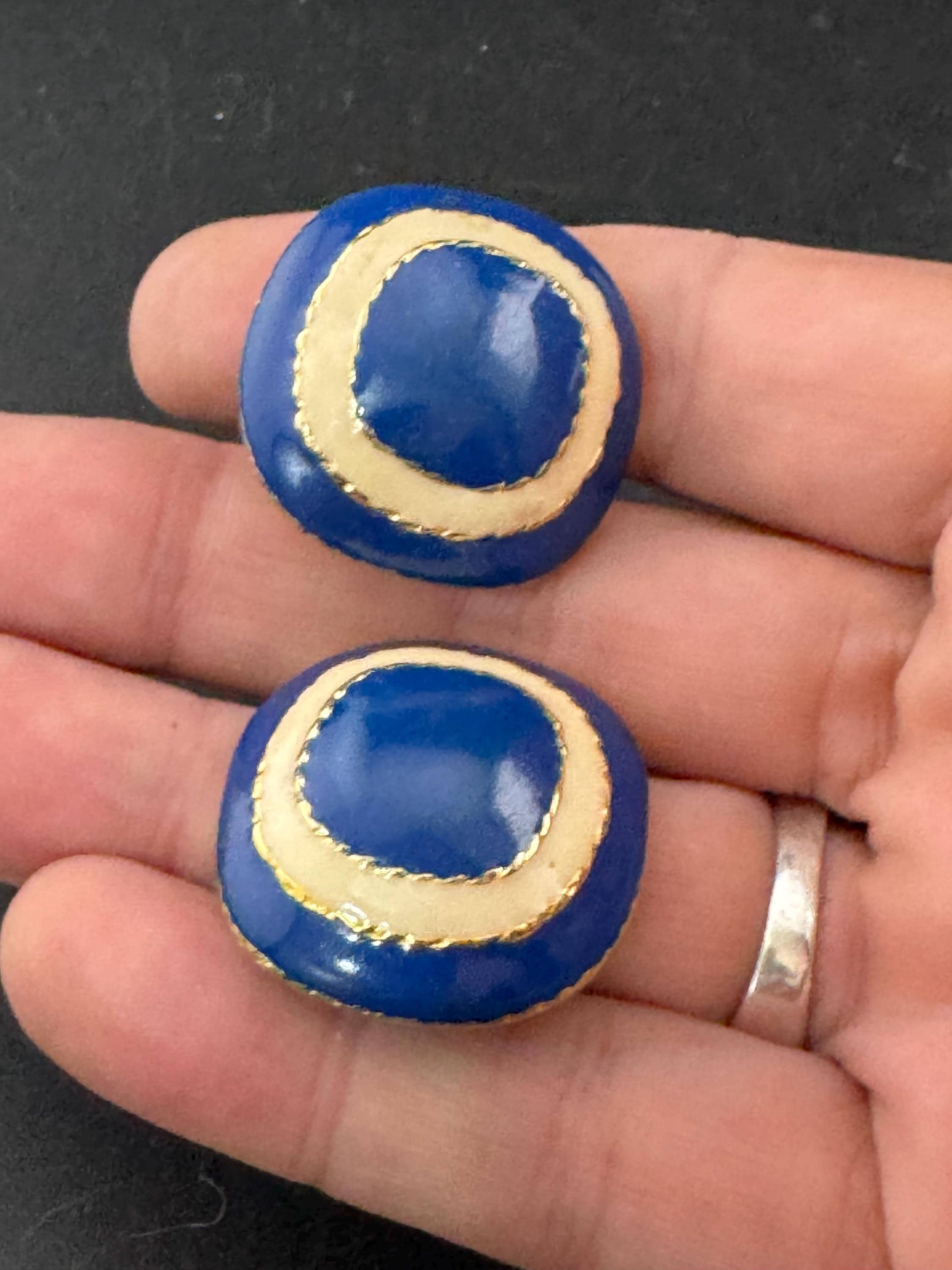 Vintage oversized blue and cream enamel gold tone clip on earrings