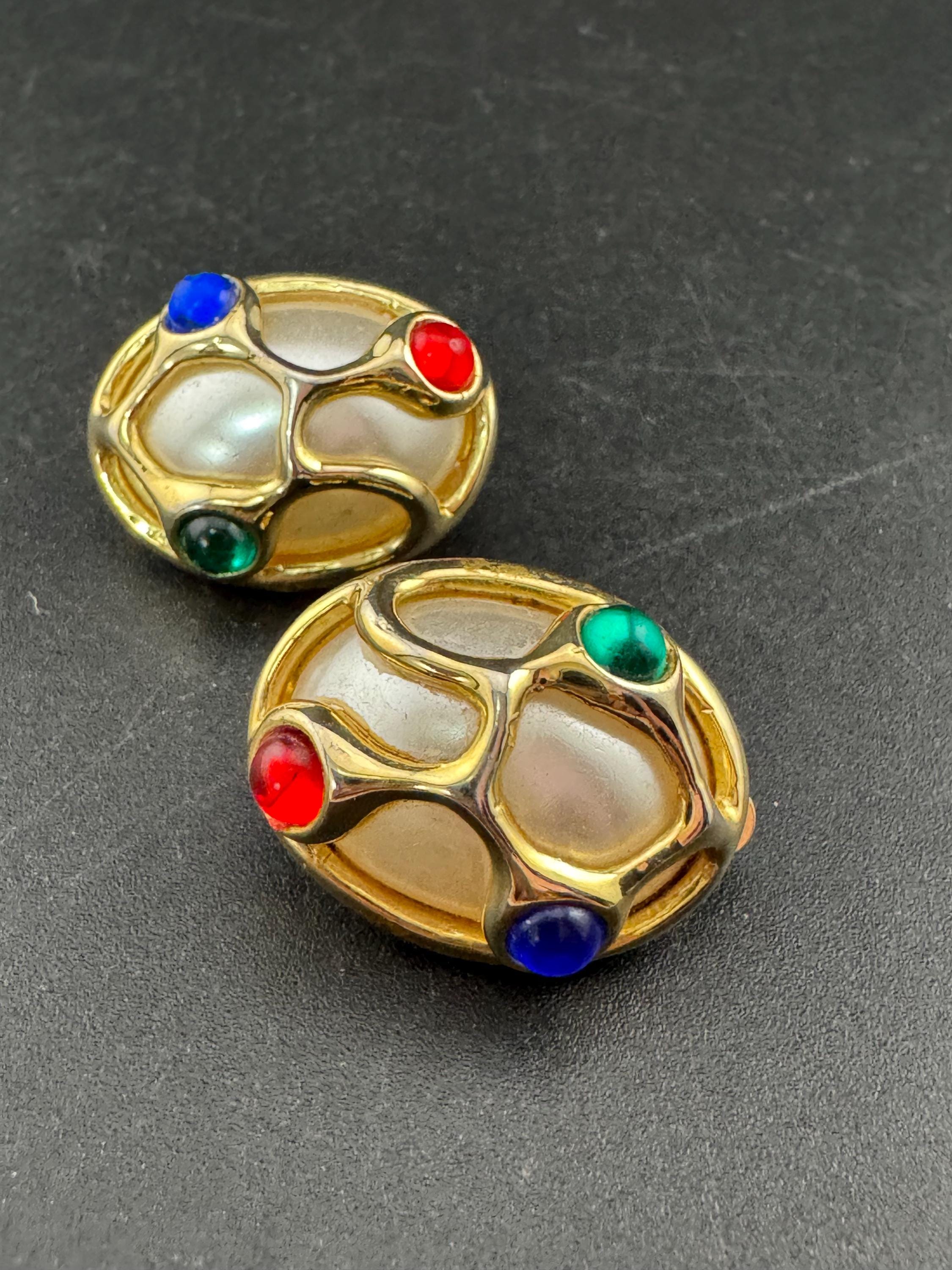 Vintage Gripoix Style Clip On Earrings: Red, Green, Blue Cabochons