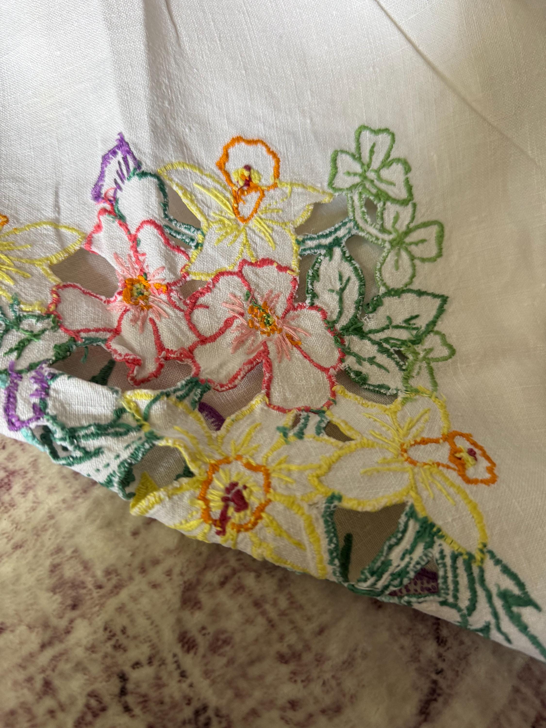 Vintage Embroidered Floral Tablecloth: Mid-Century UK Embroidery
