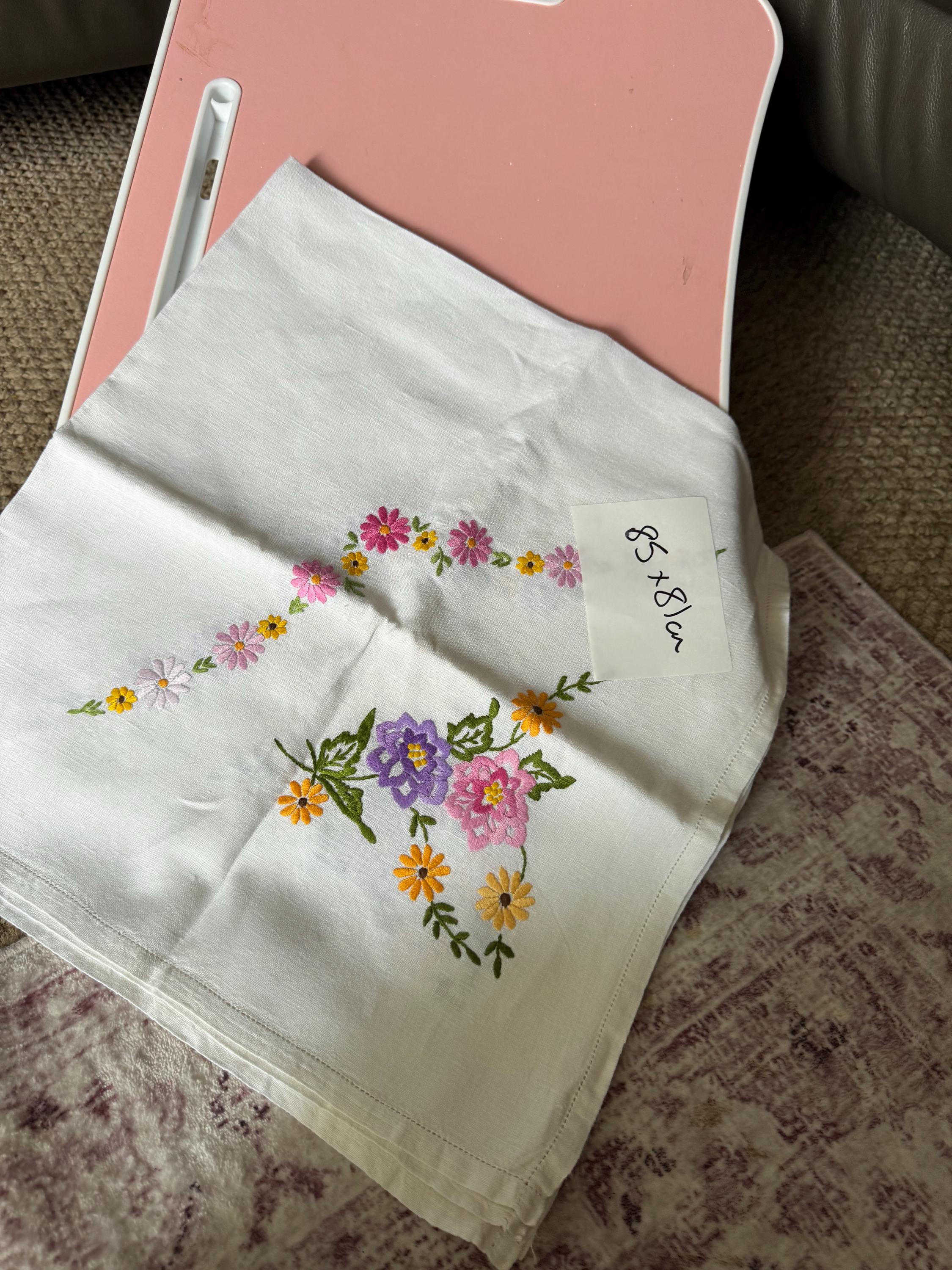 vintage 85 x 92cm near square embroidered floral tablecloth , mid century tablecloths with pastel pink  green yellow embroidery