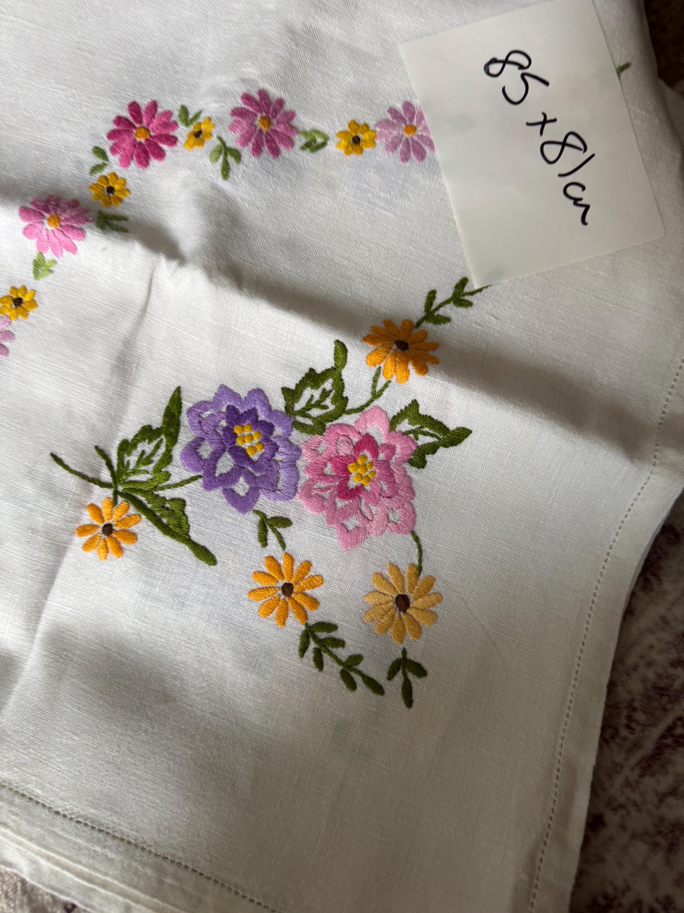 Vintage Embroidered Floral Tablecloth: Pastel Pink, Green & Yellow