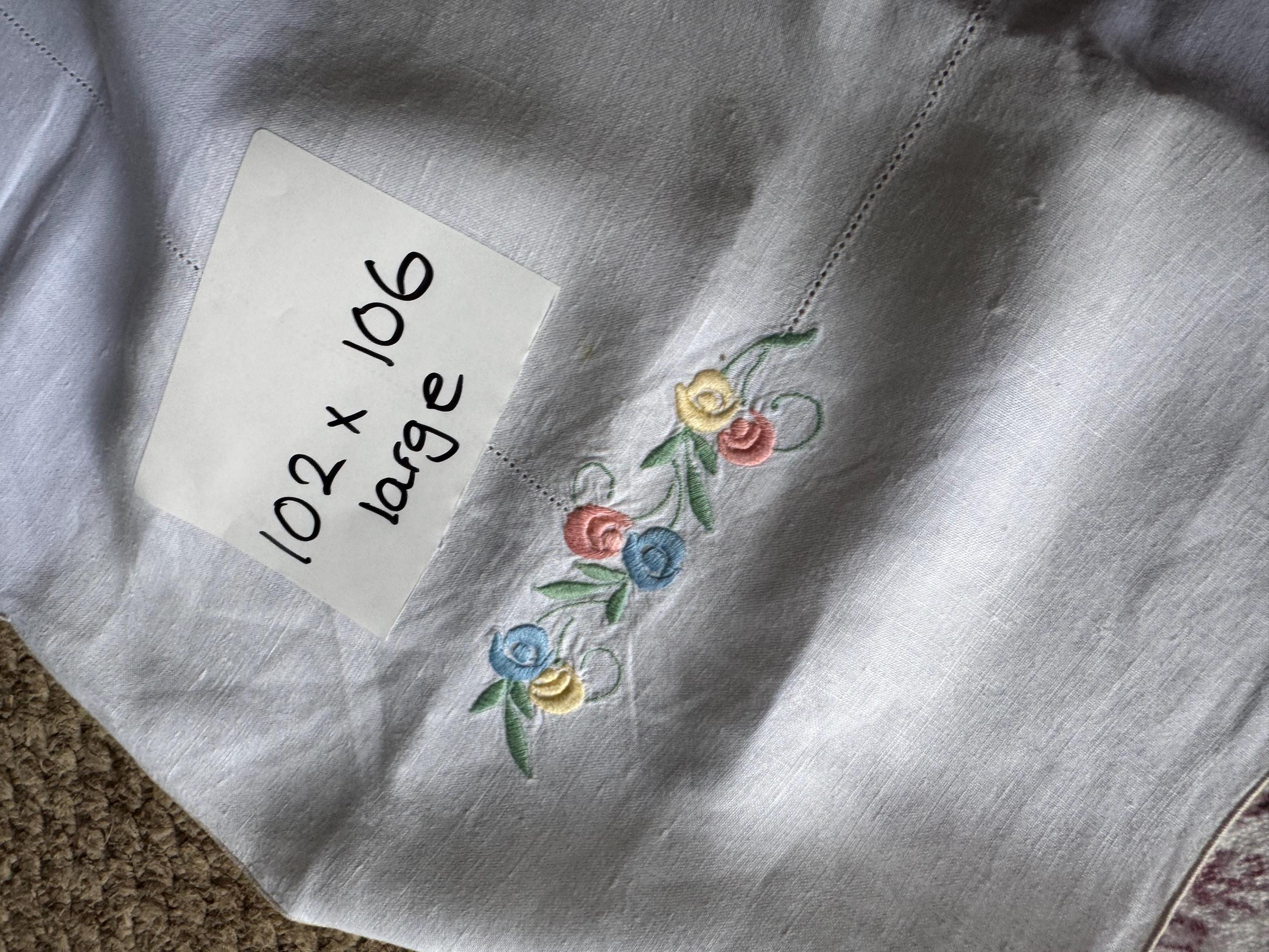 102 x 106cm near square white pastel blue pink yellow embroidered floral large tablecloth ideal vintage tea shop or  cottage dining
