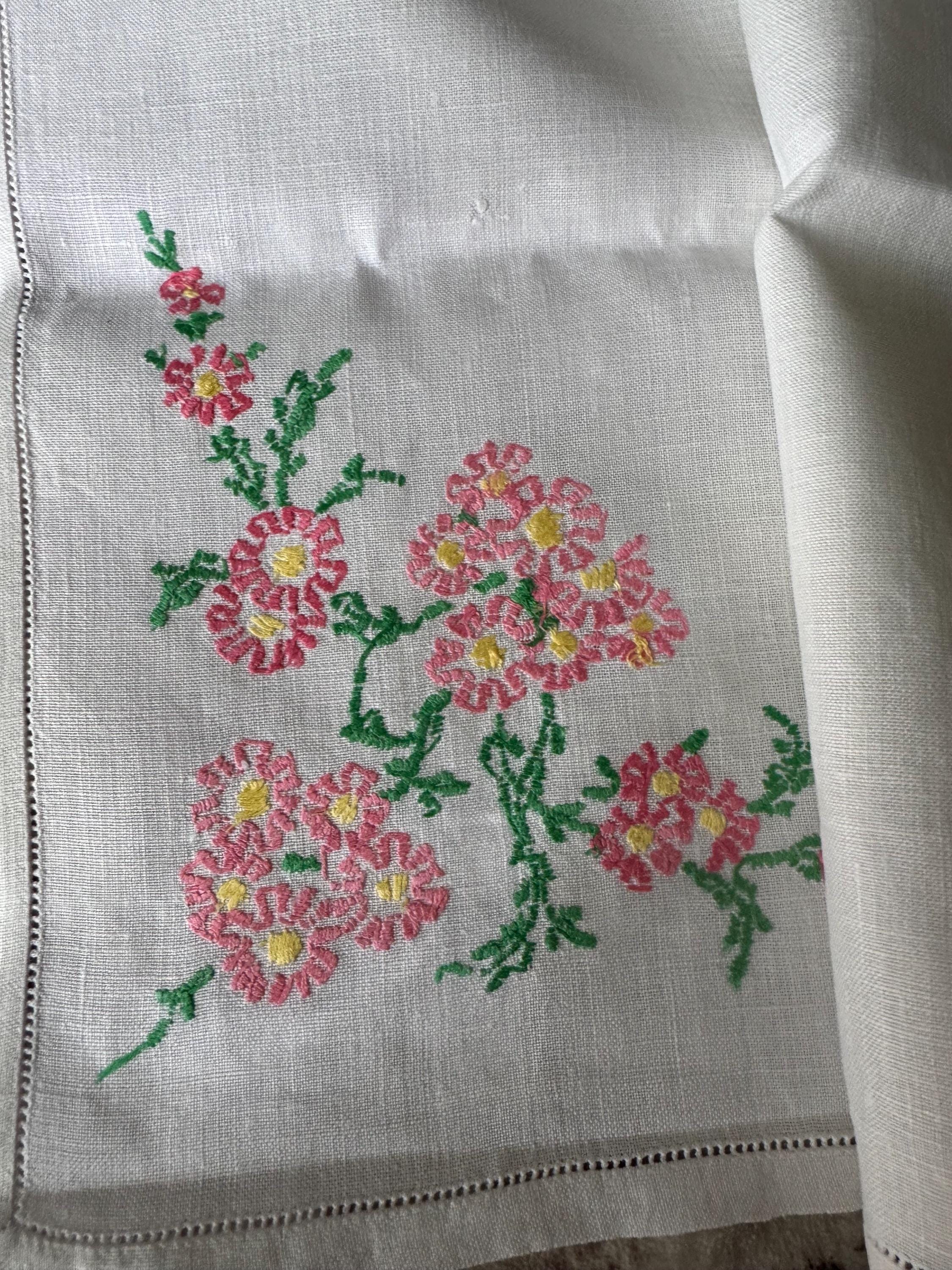 vintage 95cm square pink green floral embroidered linen tablecloth , mid century tablecloths , embroidery work