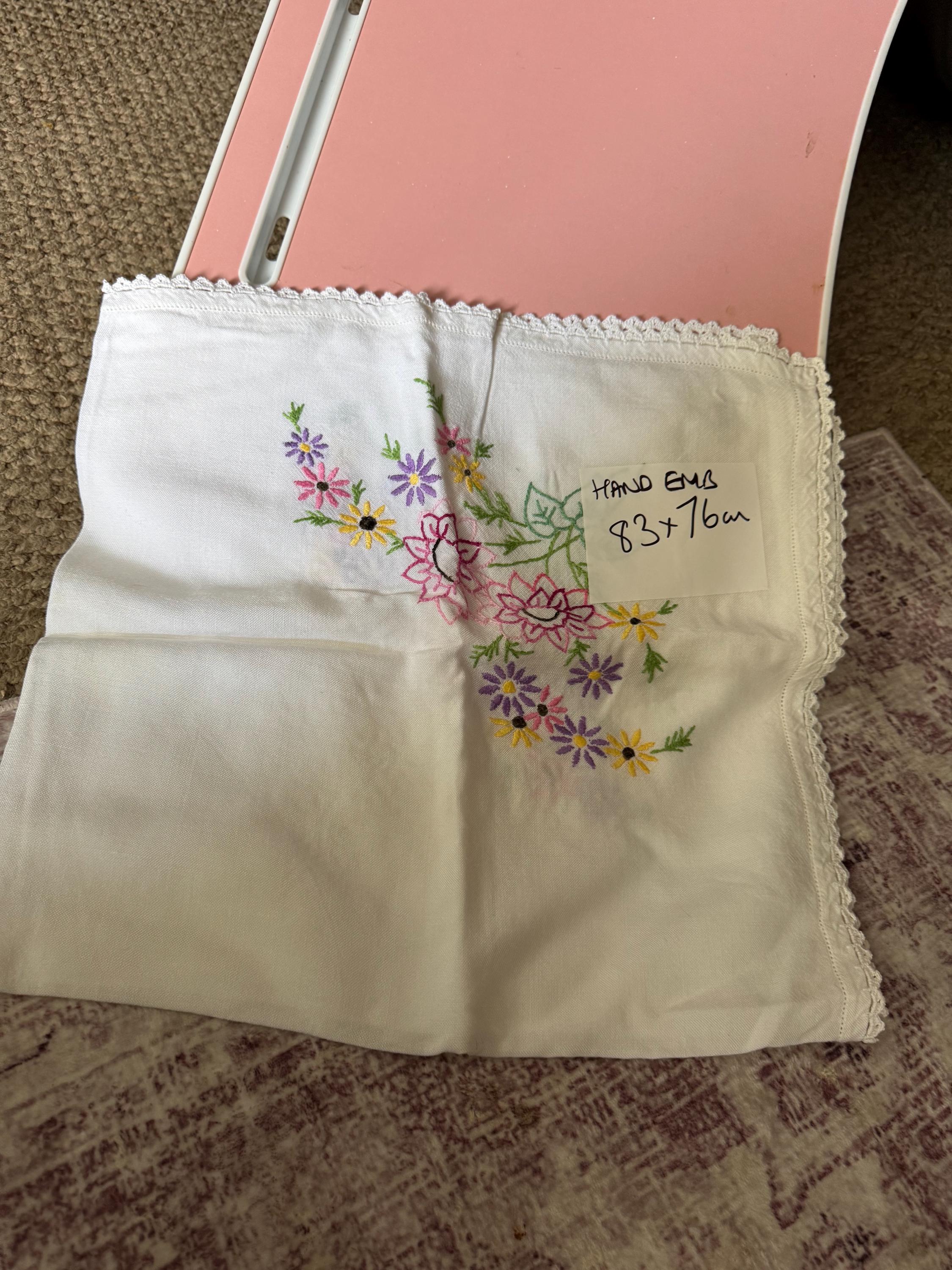 Hand Embroidered Floral Tablecloth: Vintage Cottagecore Linen (83 x 76cm)