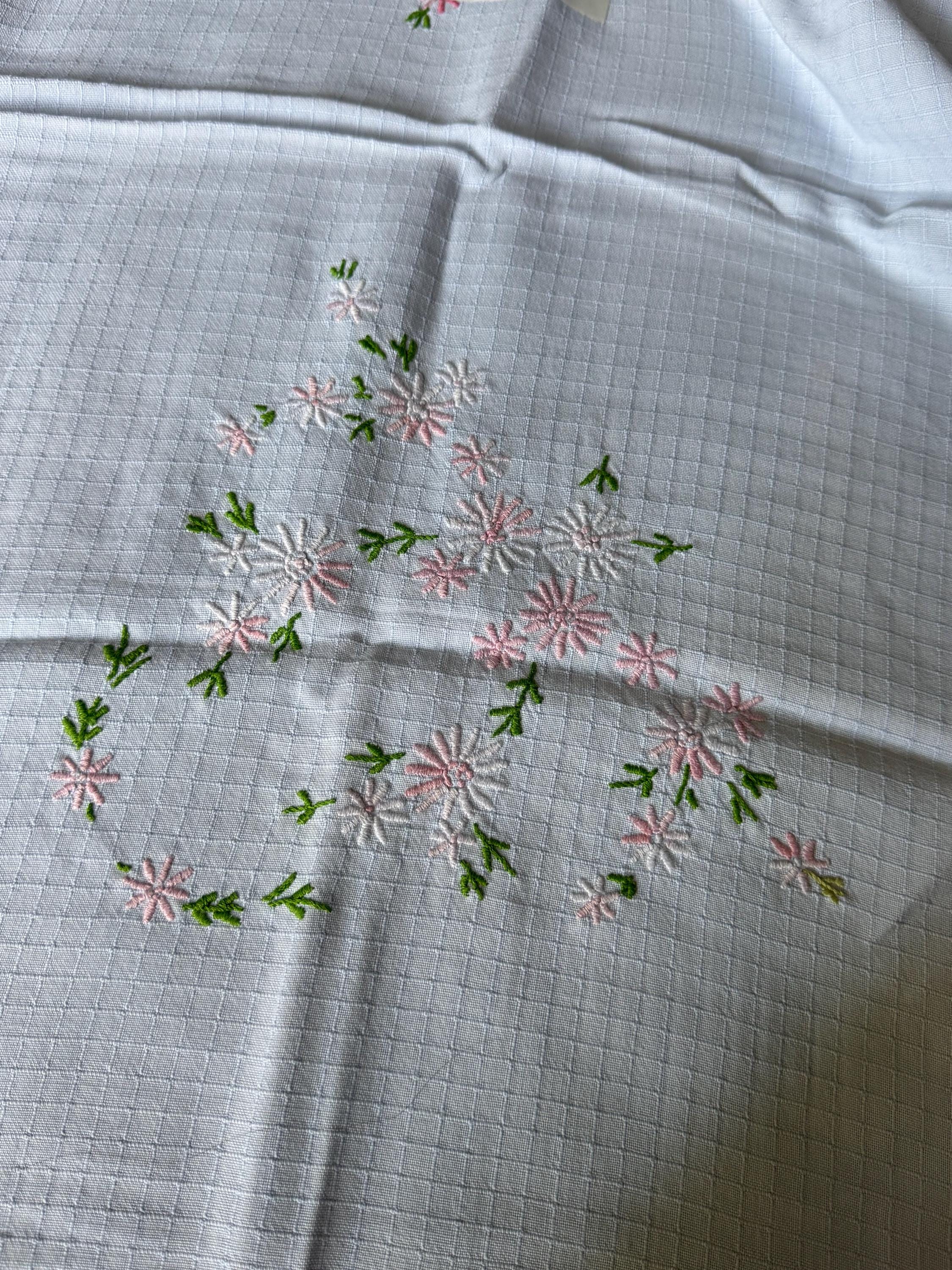 Hand Embroidered Floral Tablecloth: Vintage Cottagecore Linen (85x78cm)
