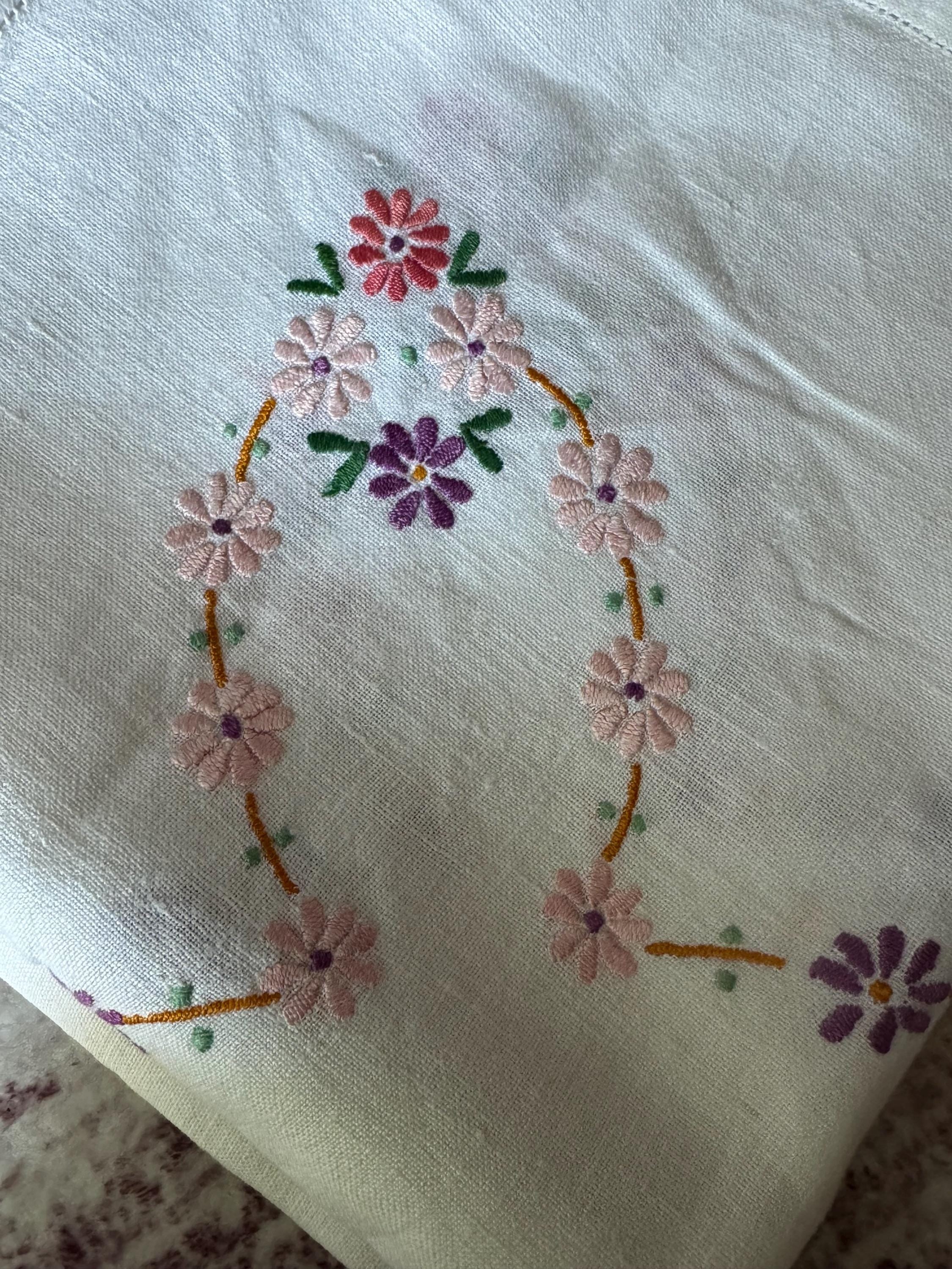 Hand Embroidered Floral Tablecloth: Vintage Cottagecore Linen (100 x 108cm)