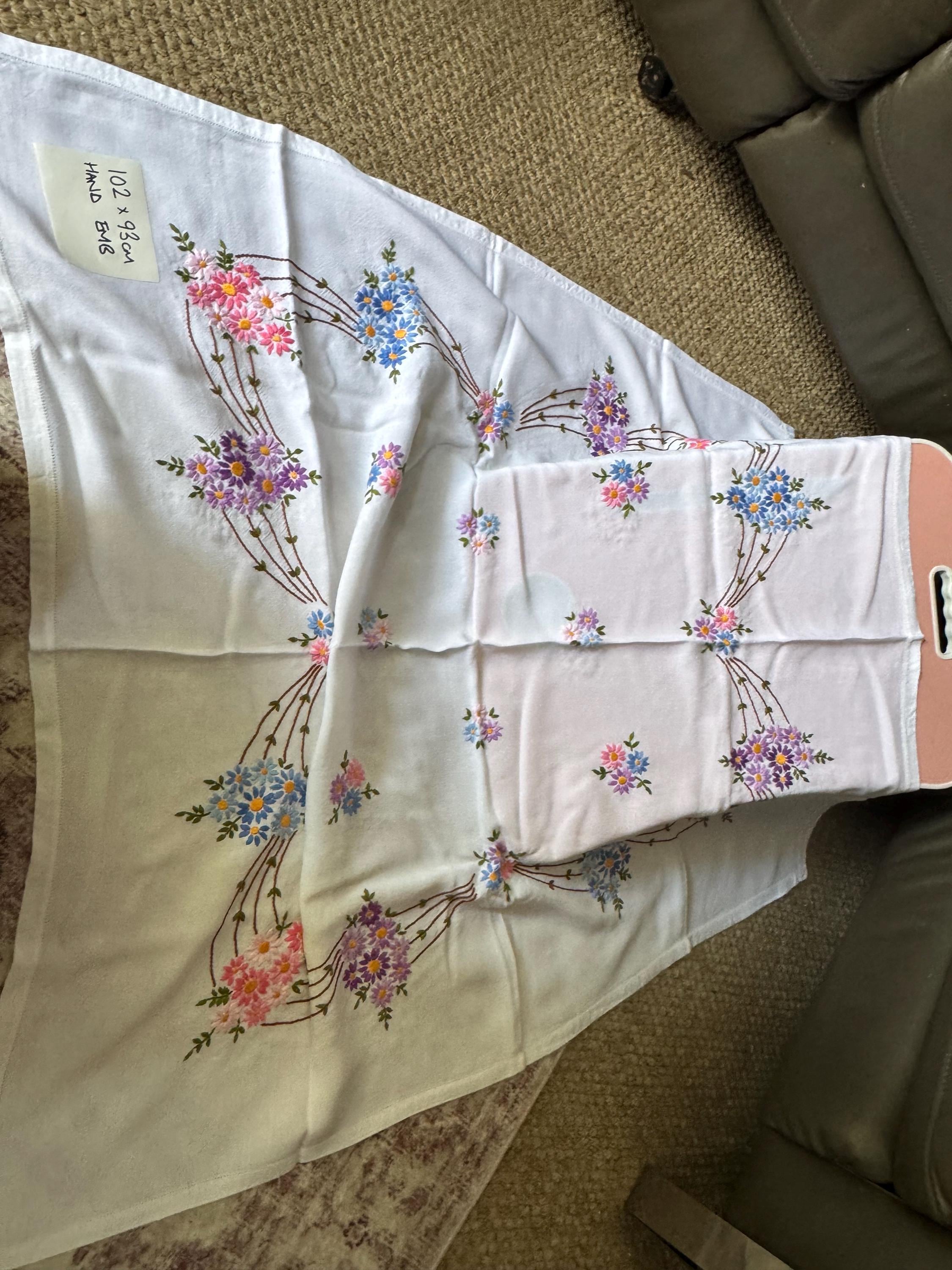 Hand Embroidered Floral Tablecloth: Vintage Cottagecore Linen (103 x 93cm)