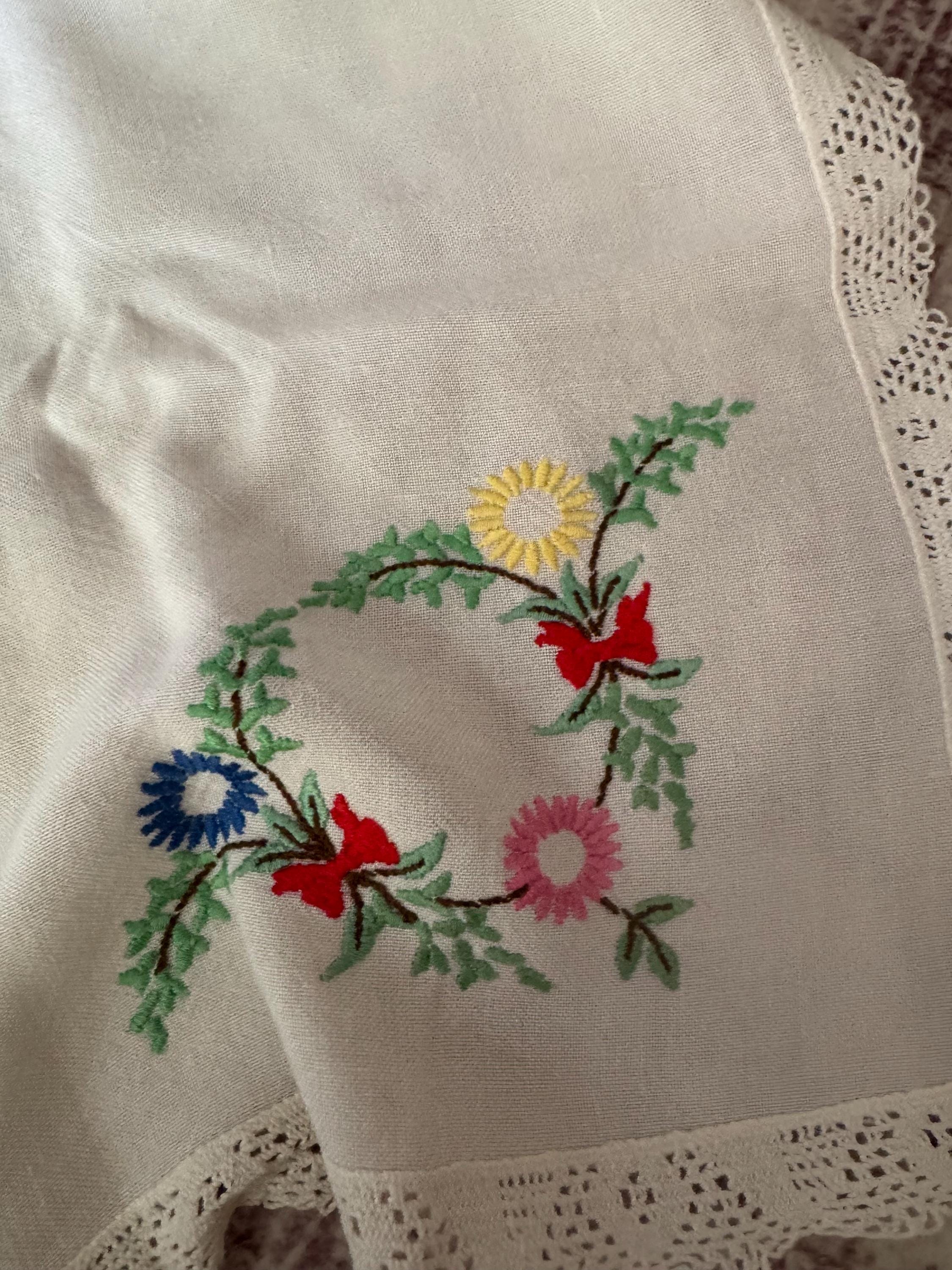 Hand Embroidered Floral Tablecloth: Vintage Cottagecore Linen (83 x 78cm)