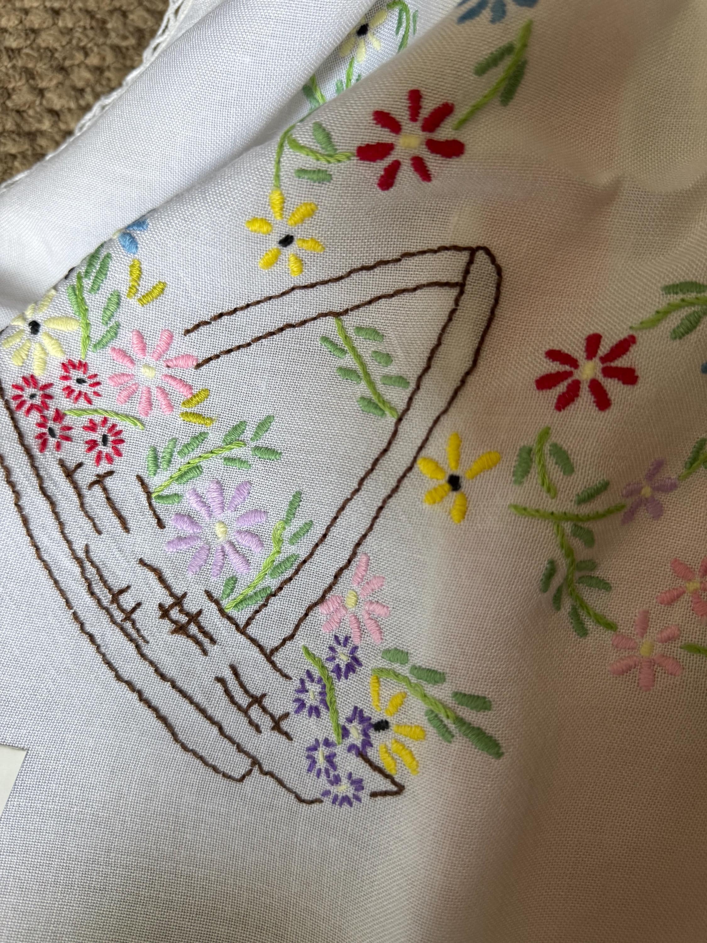 Hand Embroidered Floral Tablecloth: Large White Pastel Flowers, Cottagecore Dining (117 x 99cm