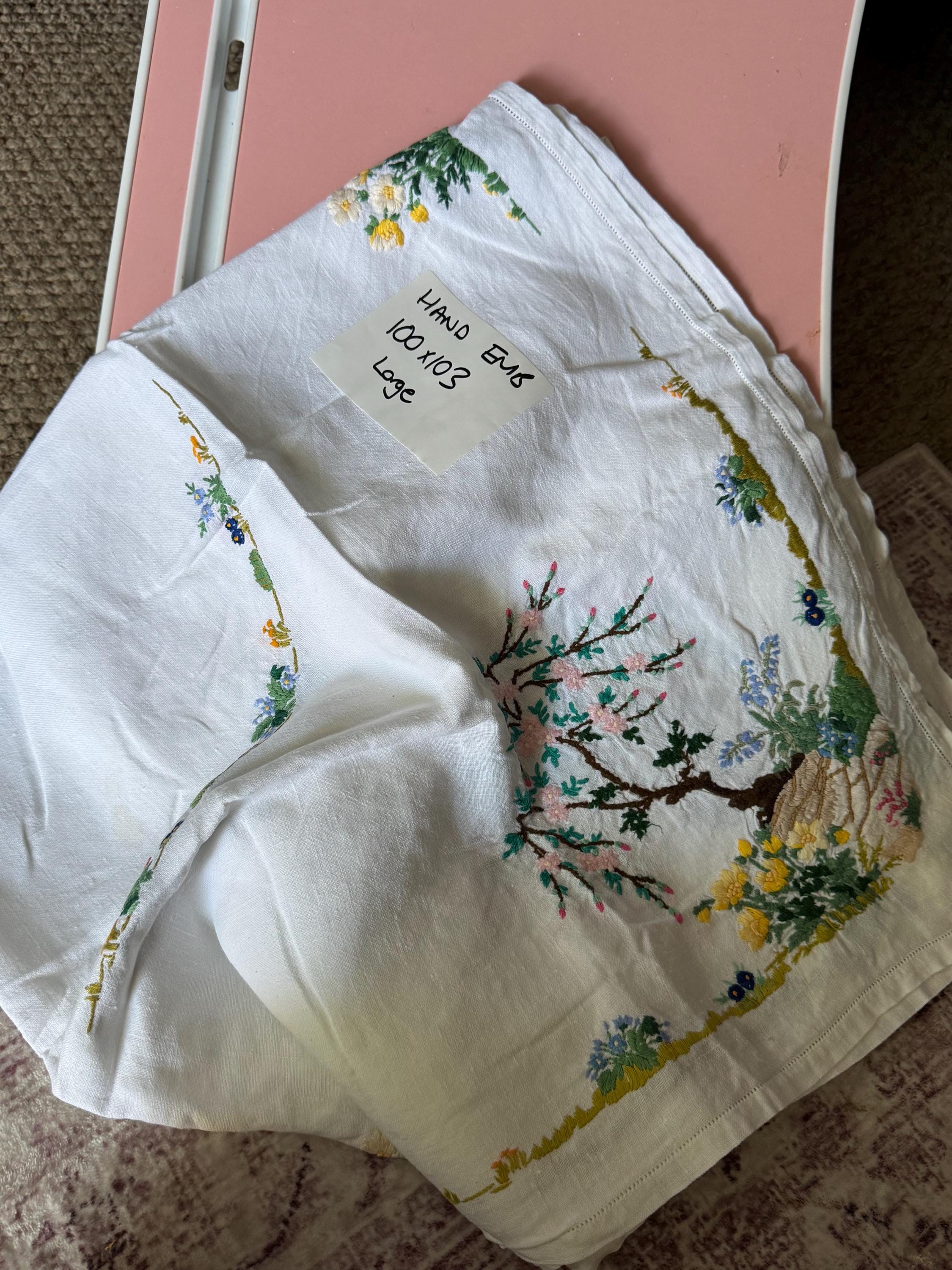 Hand Embroidered White Floral Tablecloth - Large Woodland Design
