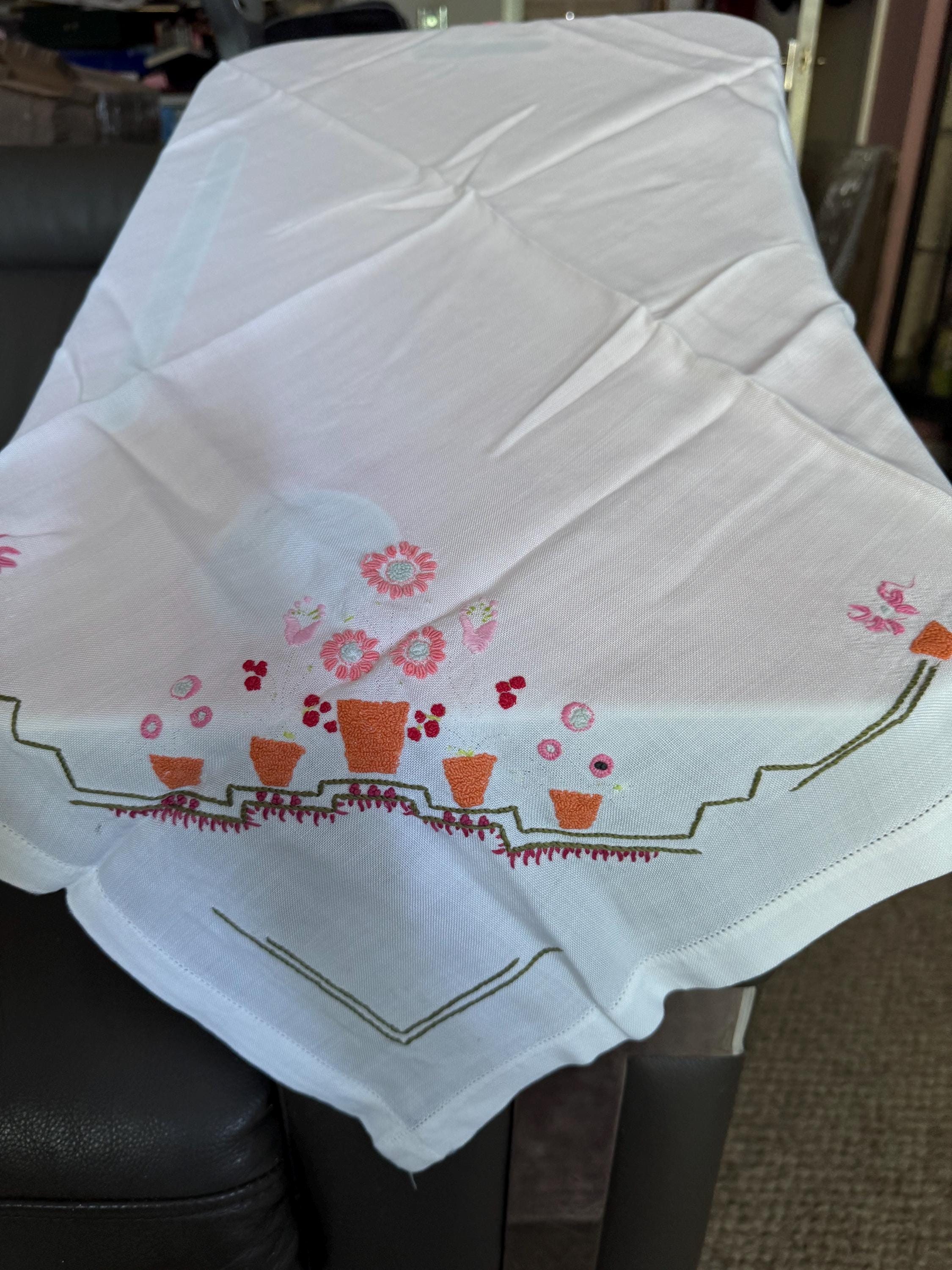 Hand Embroidered Floral Tablecloth: Vintage Cottagecore Linen (83x75cm